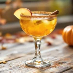 Fall margarita with cinnamon sugar rim, apple fan garnish, and cinnamon stick in crystal glass on rustic wooden table with autumn decor