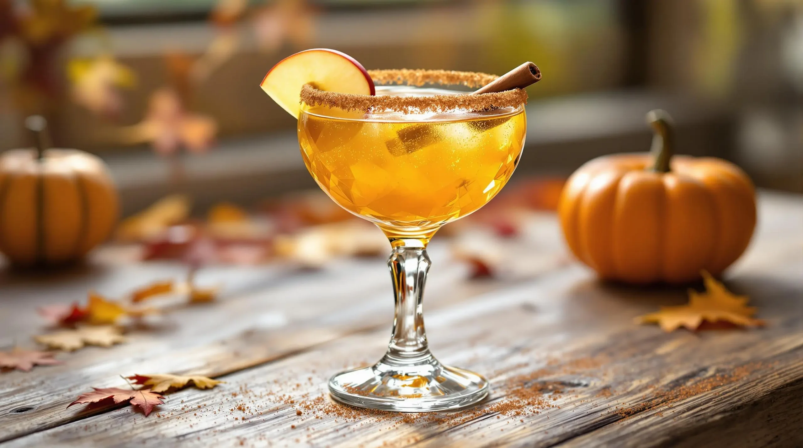 Fall margarita with cinnamon sugar rim, apple fan garnish, and cinnamon stick in crystal glass on rustic wooden table with autumn decor