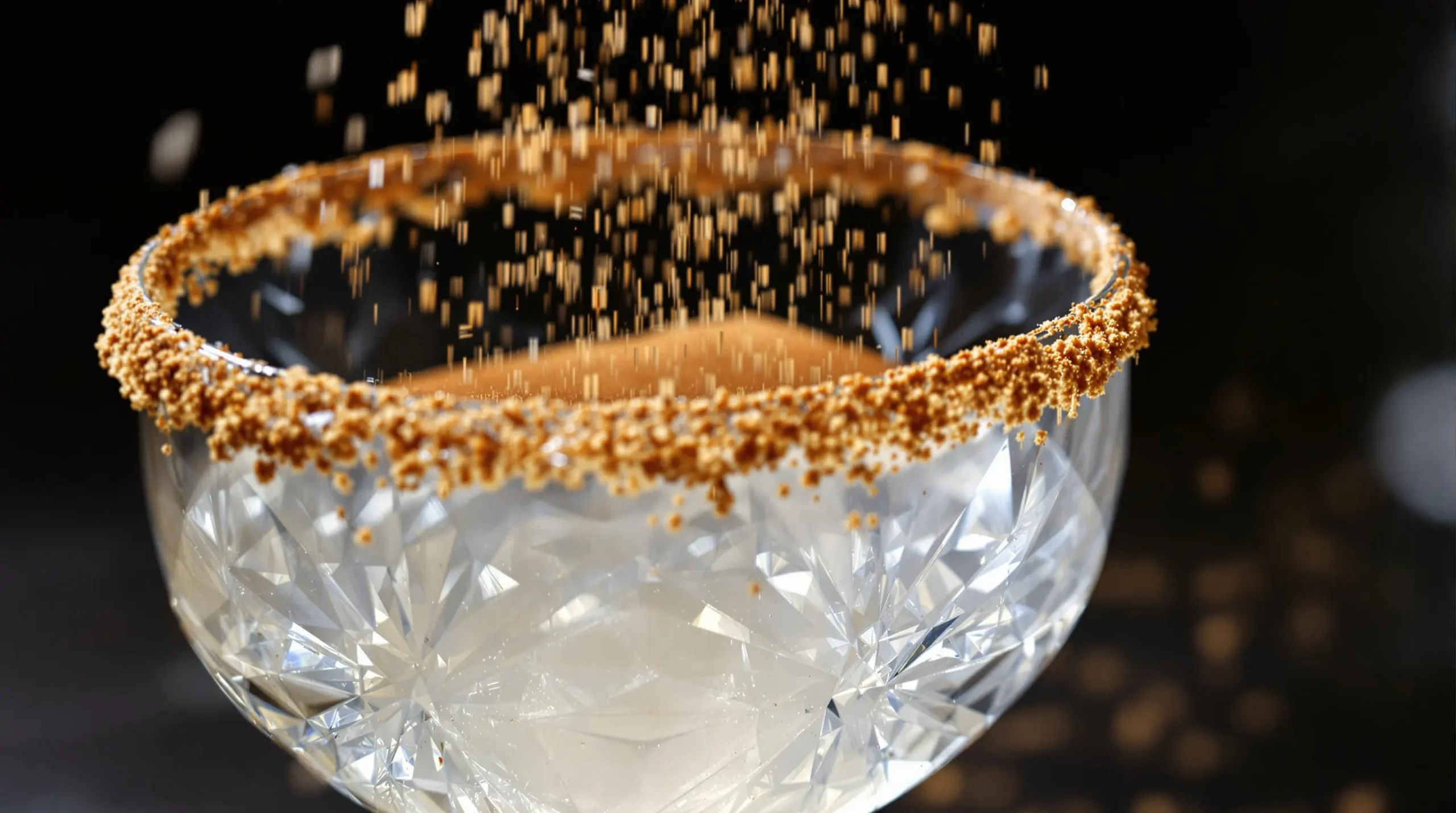 Cinnamon sugar being sprinkled onto margarita glass rim, with sugar crystals catching natural light and falling onto dark wood surface