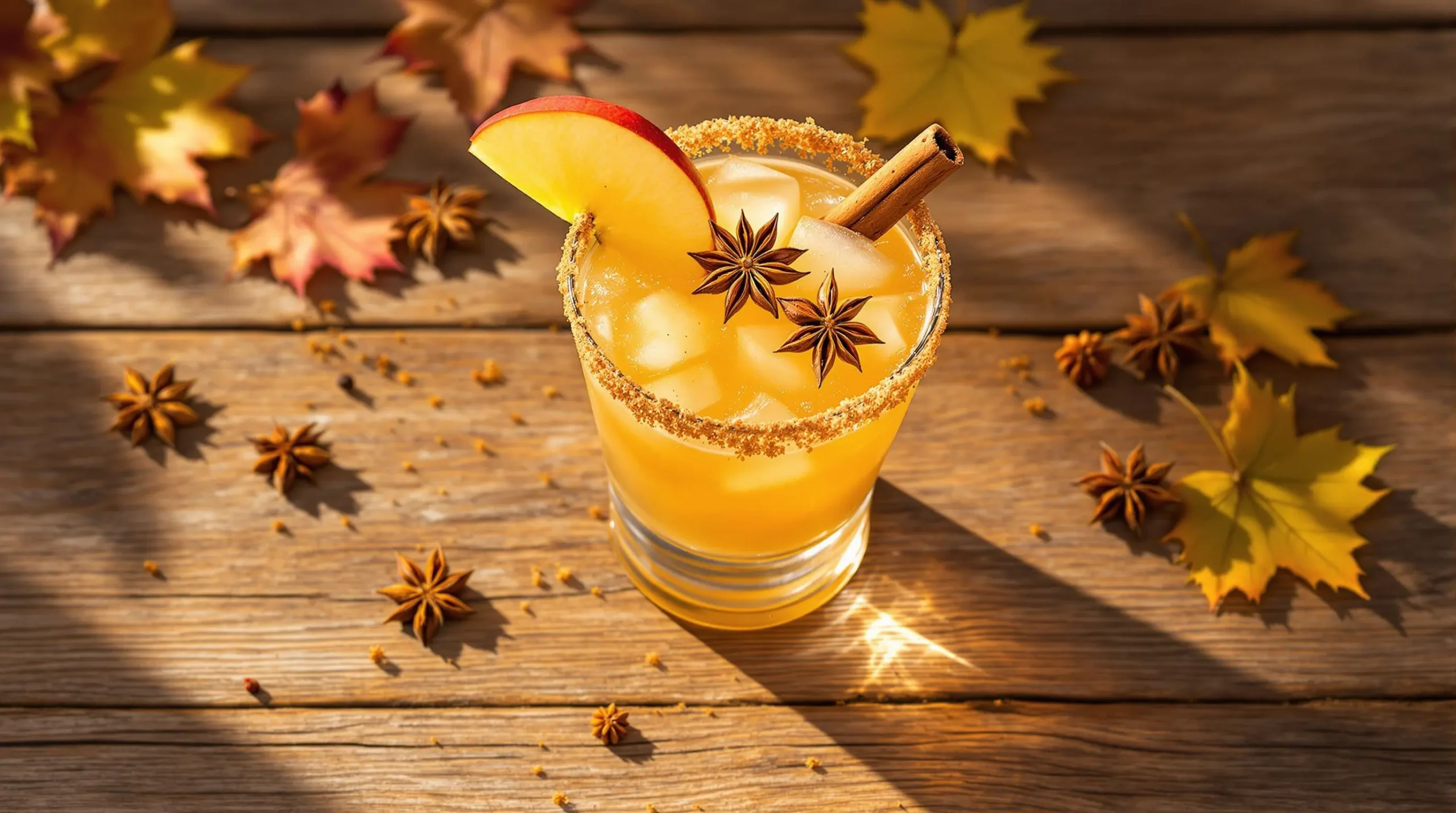 Overhead view of garnished fall margarita with apple fan and cinnamon stick in golden light, surrounded by scattered autumn leaves