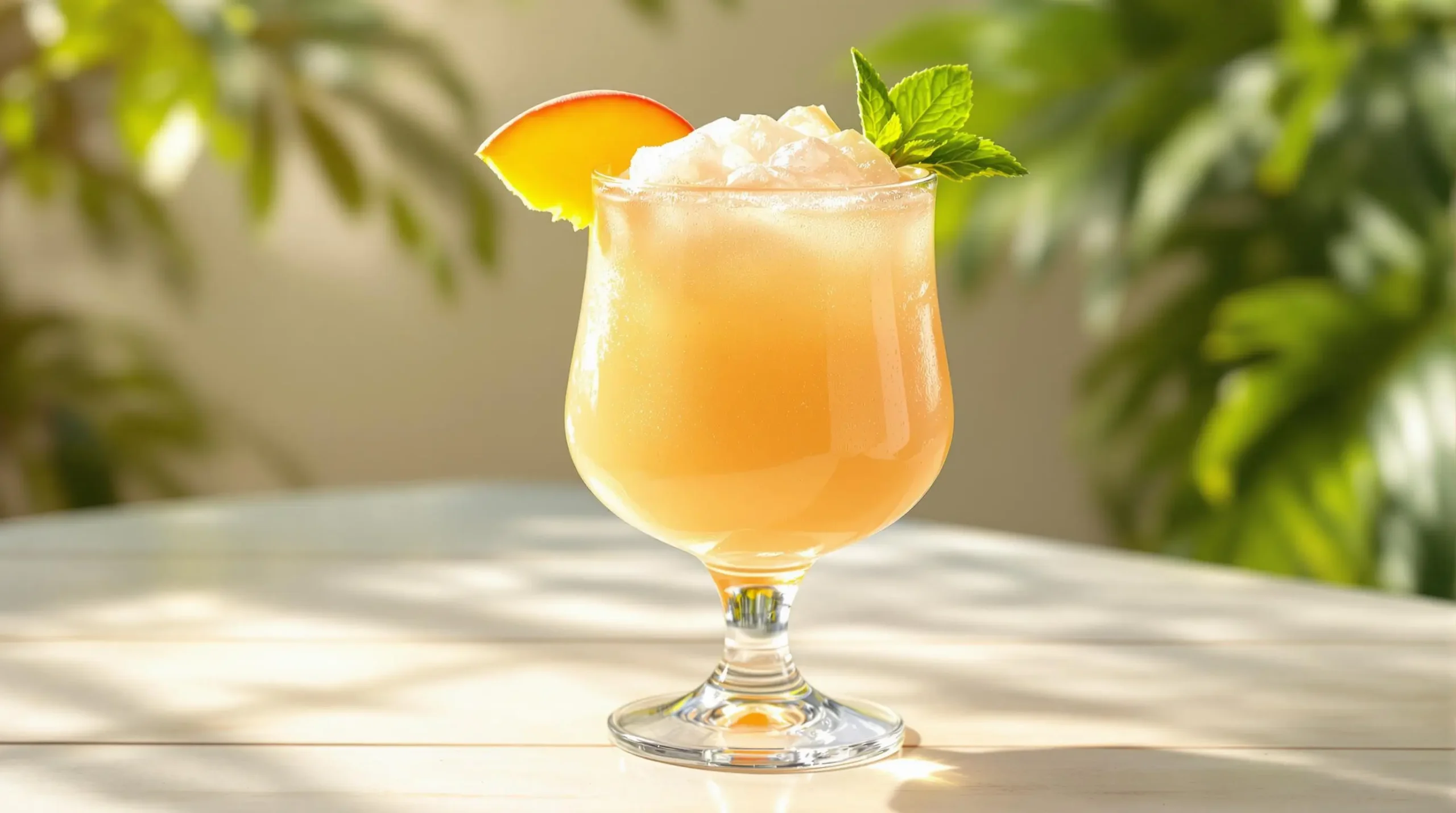 Frosty peach daiquiri in hurricane glass with fresh peach slice and mint garnish, sunlit with condensation droplets