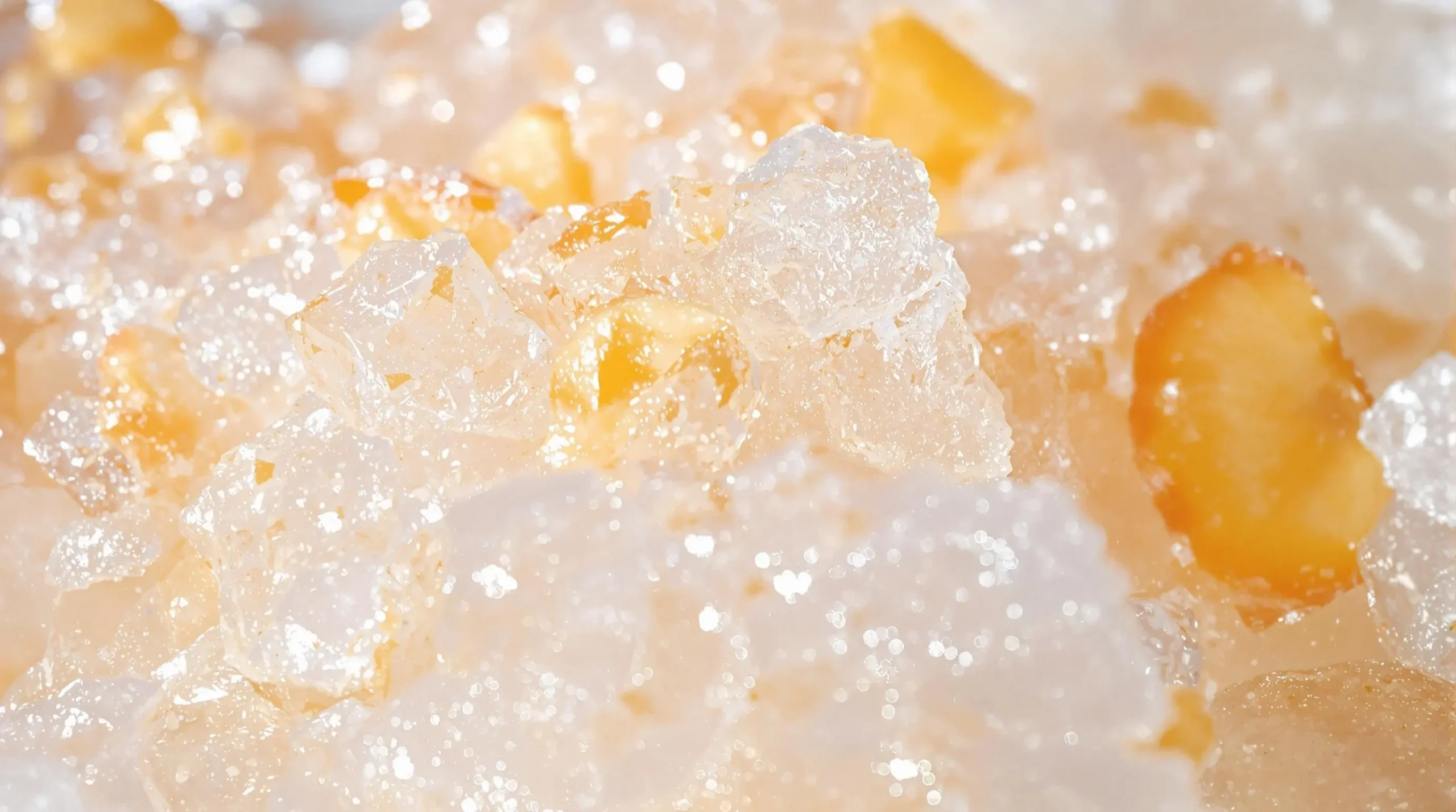 Macro view of peach daiquiri's slushy texture showing fine ice crystals and peach fragments in peachy gradient