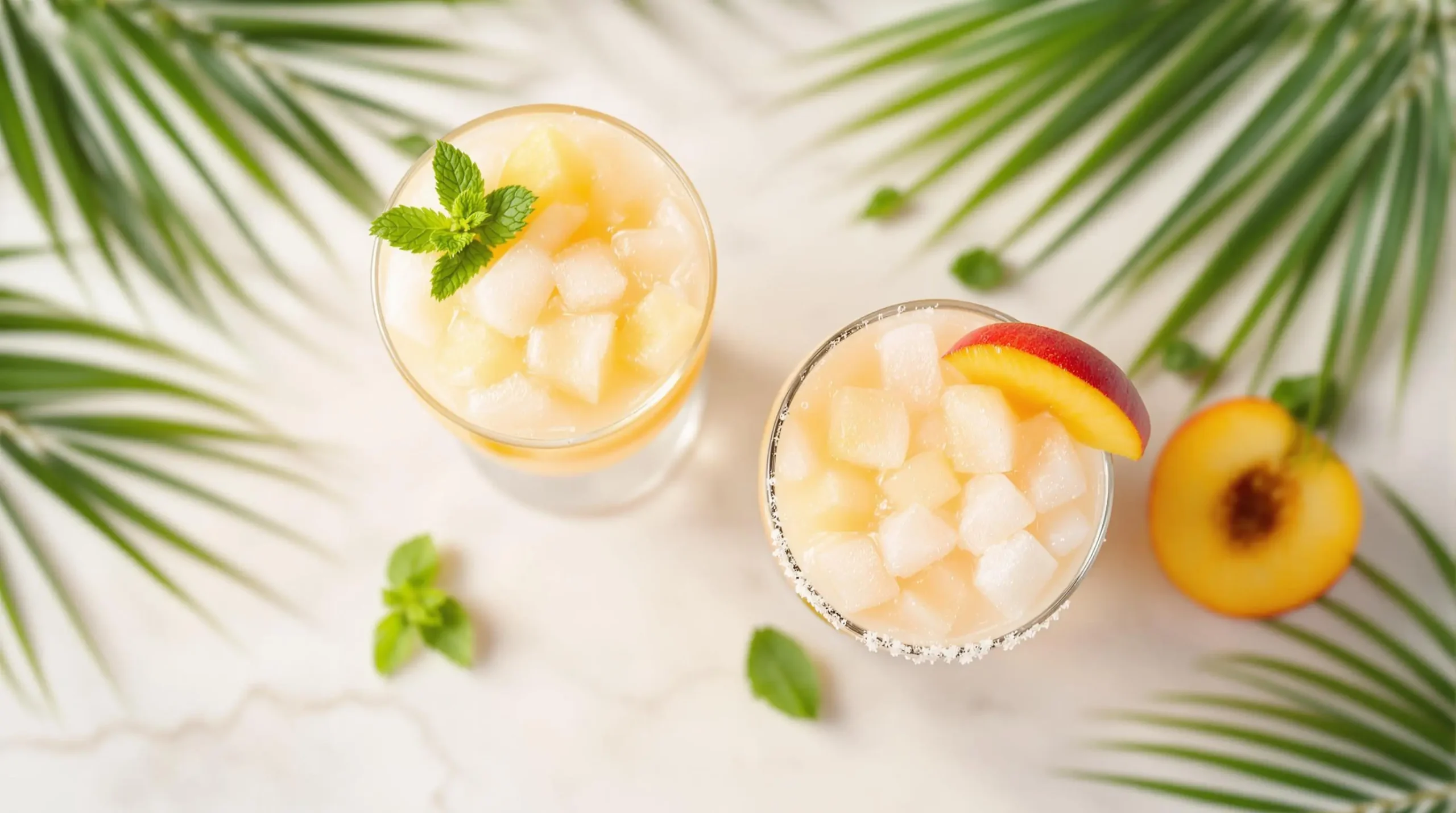 Two garnished peach daiquiris from above on light surface with fresh peaches, mint, and tropical accents