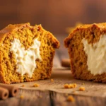 Split pumpkin muffin with cream cheese center on rustic wooden table, garnished with cinnamon sticks and fall leaves