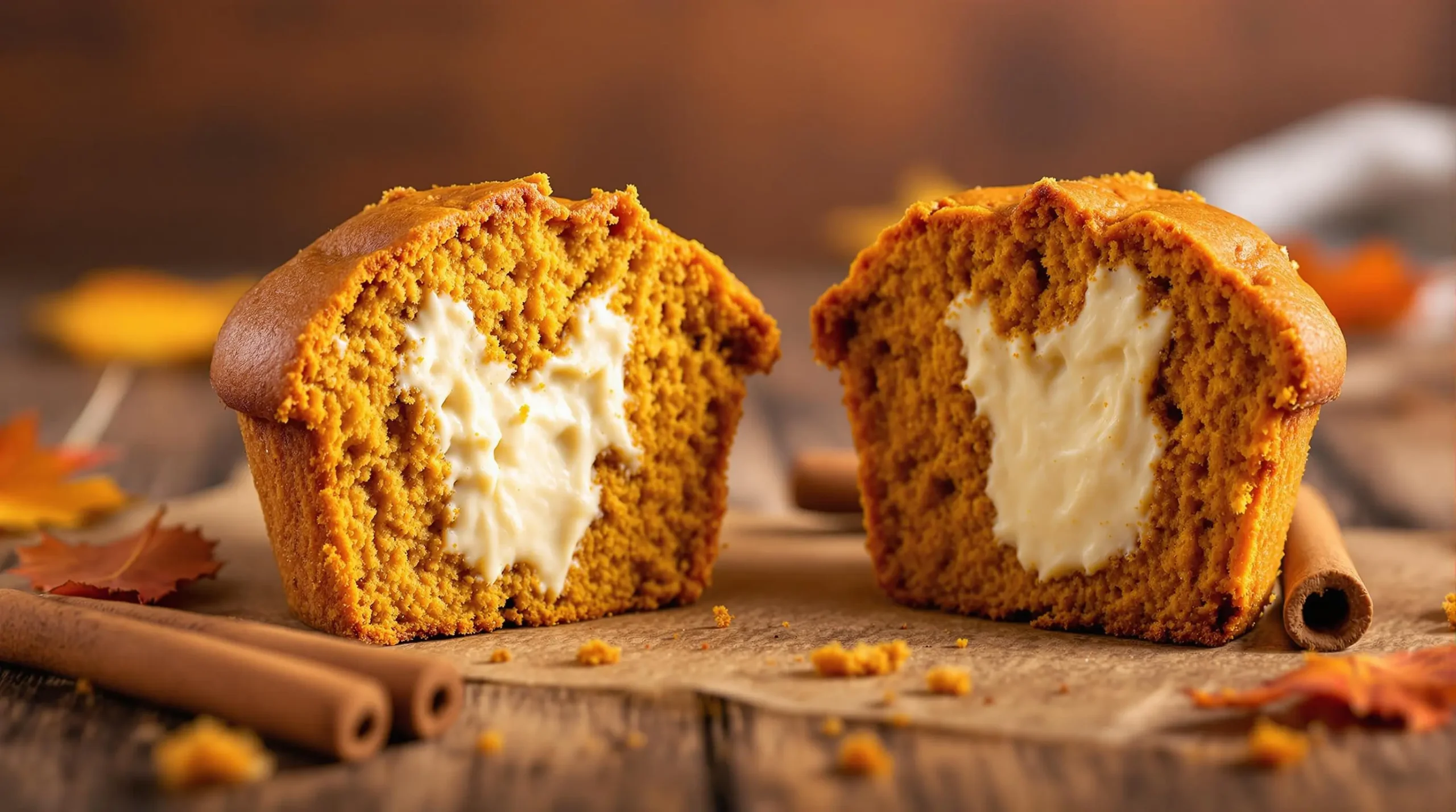 Split pumpkin muffin with cream cheese center on rustic wooden table, garnished with cinnamon sticks and fall leaves