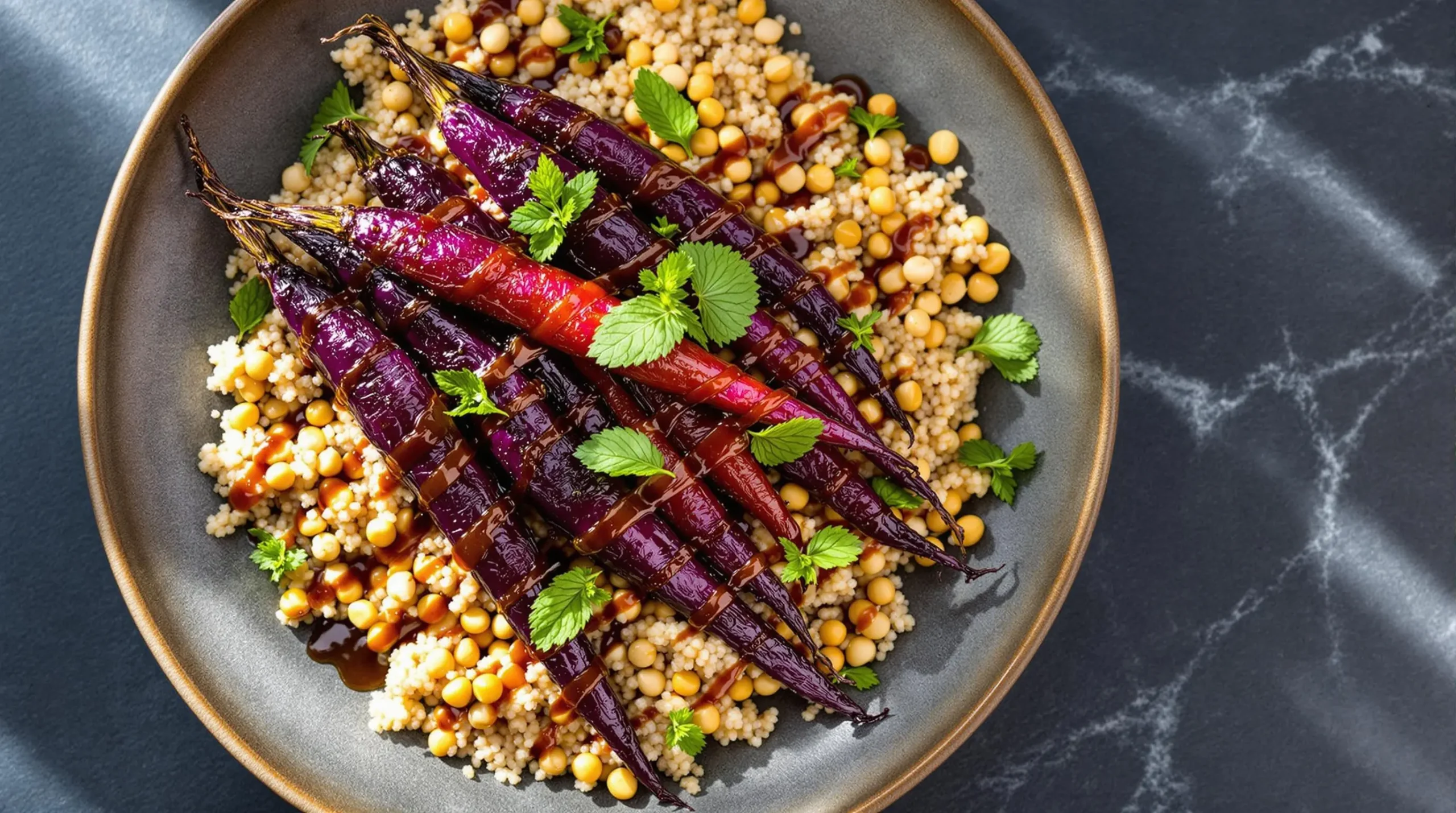 Roasted purple carrots arranged over quinoa in ceramic bowl with maple-balsamic glaze, pepitas and fresh mint garnish on dark slate