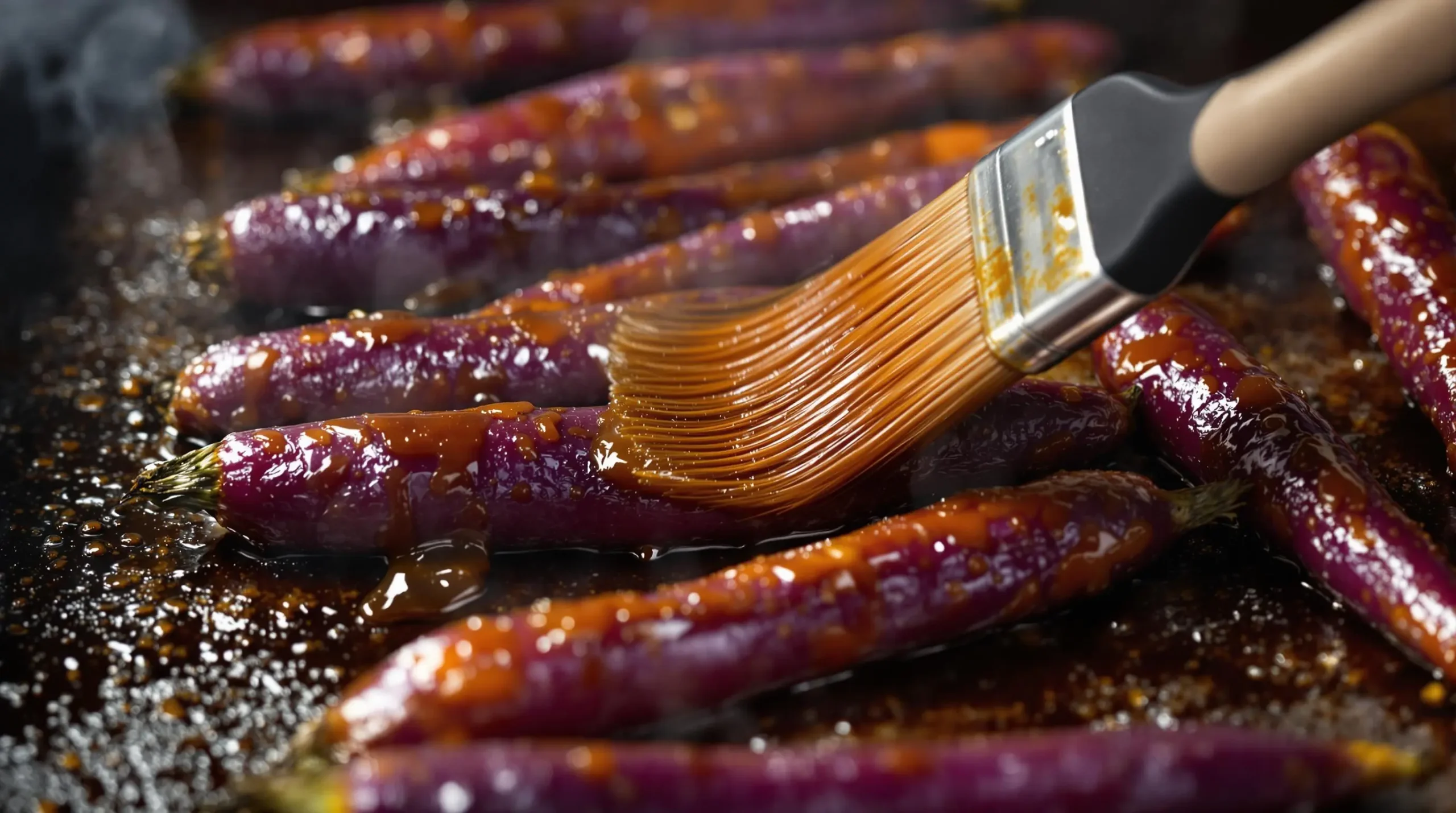 Brush applying golden maple-balsamic glaze to roasting purple carrots, showing caramelization and steam on dark baking sheet