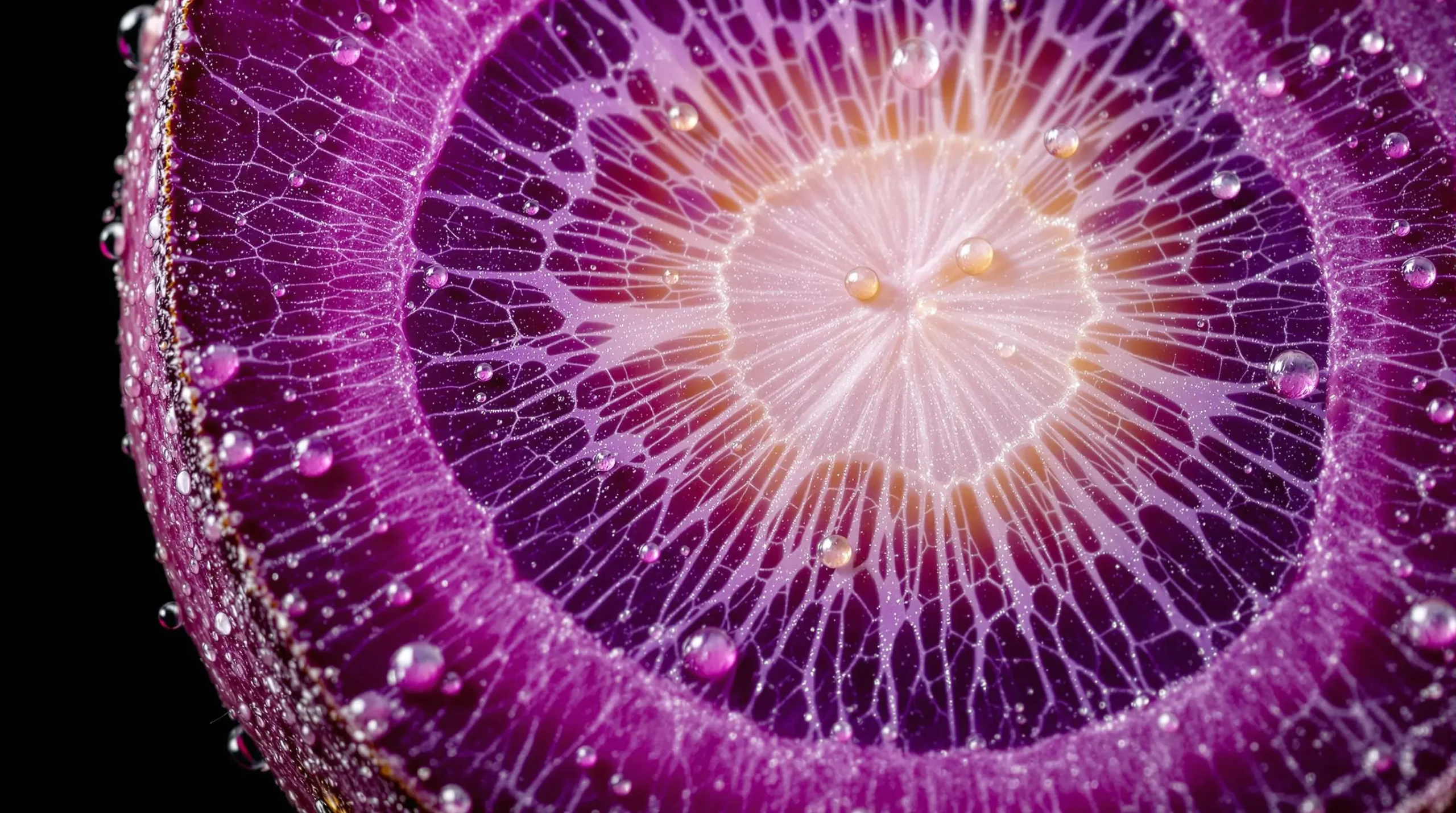 Macro view of sliced purple carrot showing gradient color and cellular structure with water droplets against black background