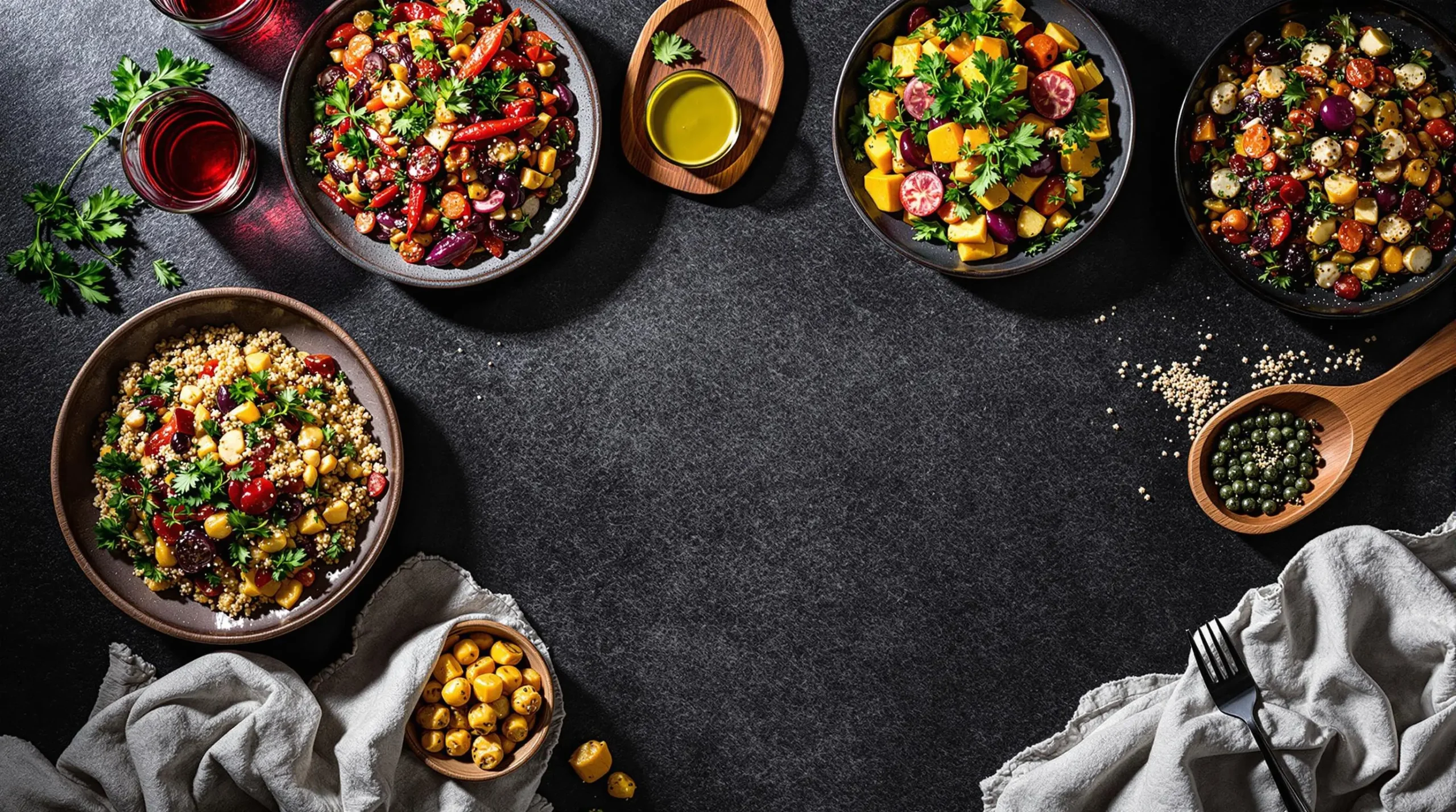 Overhead view of purple carrot feast with quinoa bowl, curry and salad artfully arranged on dark stone with dramatic lighting