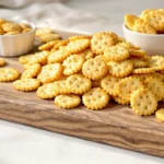 Golden ranch-seasoned crackers scattered on rustic wooden board with ceramic bowl, highlighting crispy texture and herb coating