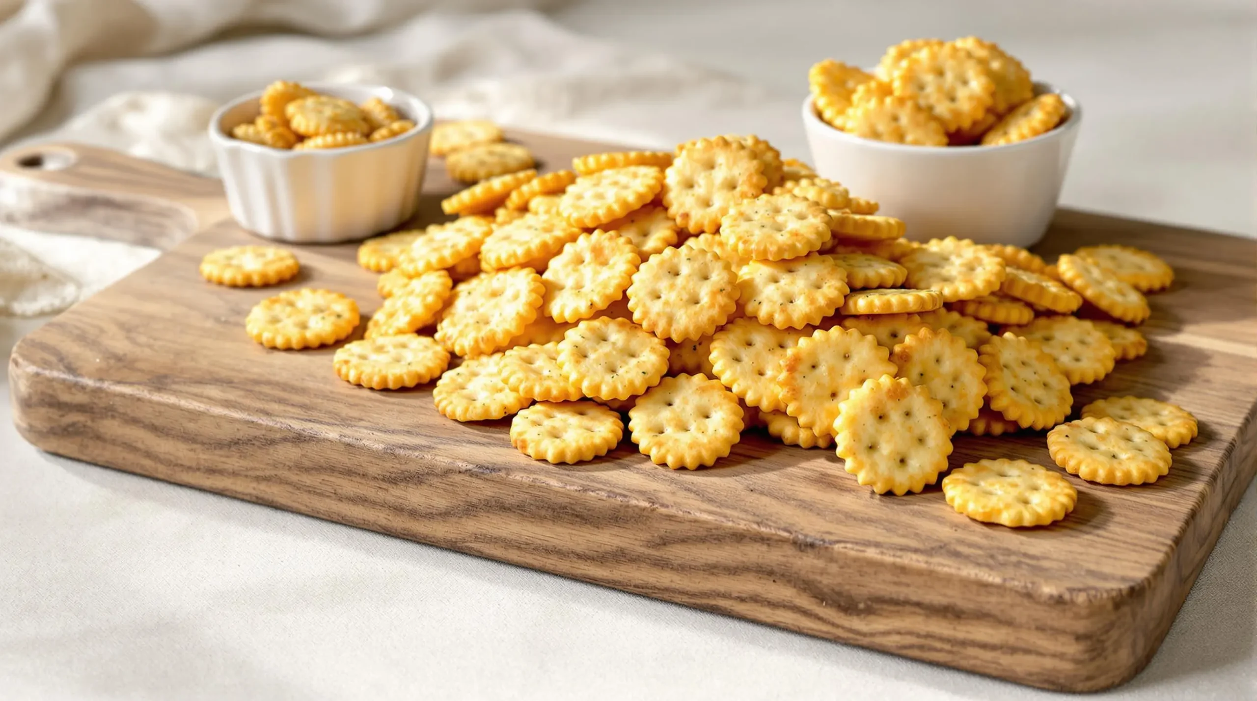 Golden ranch-seasoned crackers scattered on rustic wooden board with ceramic bowl, highlighting crispy texture and herb coating