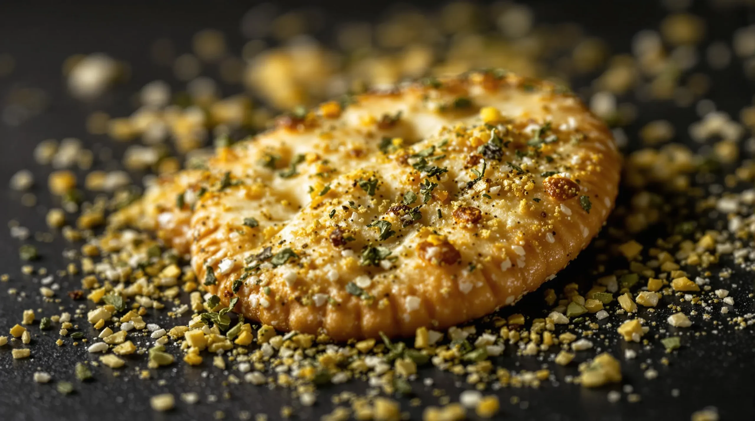 Extreme close-up of single ranch-seasoned cracker showing detailed herb and spice texture against dark background