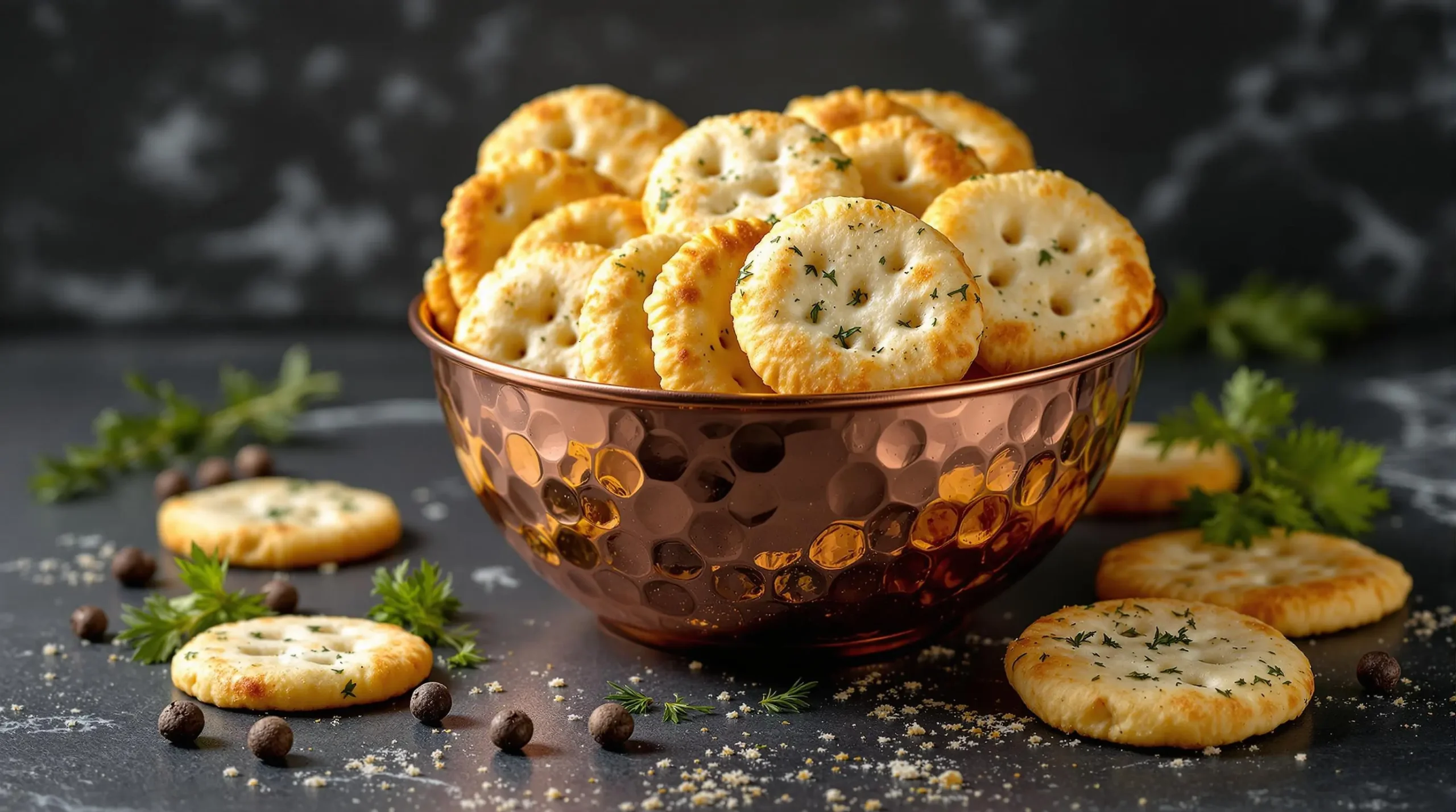 Seasoned ranch crackers artfully arranged in copper bowl on slate surface with fresh herbs and peppercorns