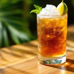 Classic Mai Tai cocktail in double old-fashioned glass with crushed ice, mint sprig and lime garnish on teak bar, amber-golden rum blend