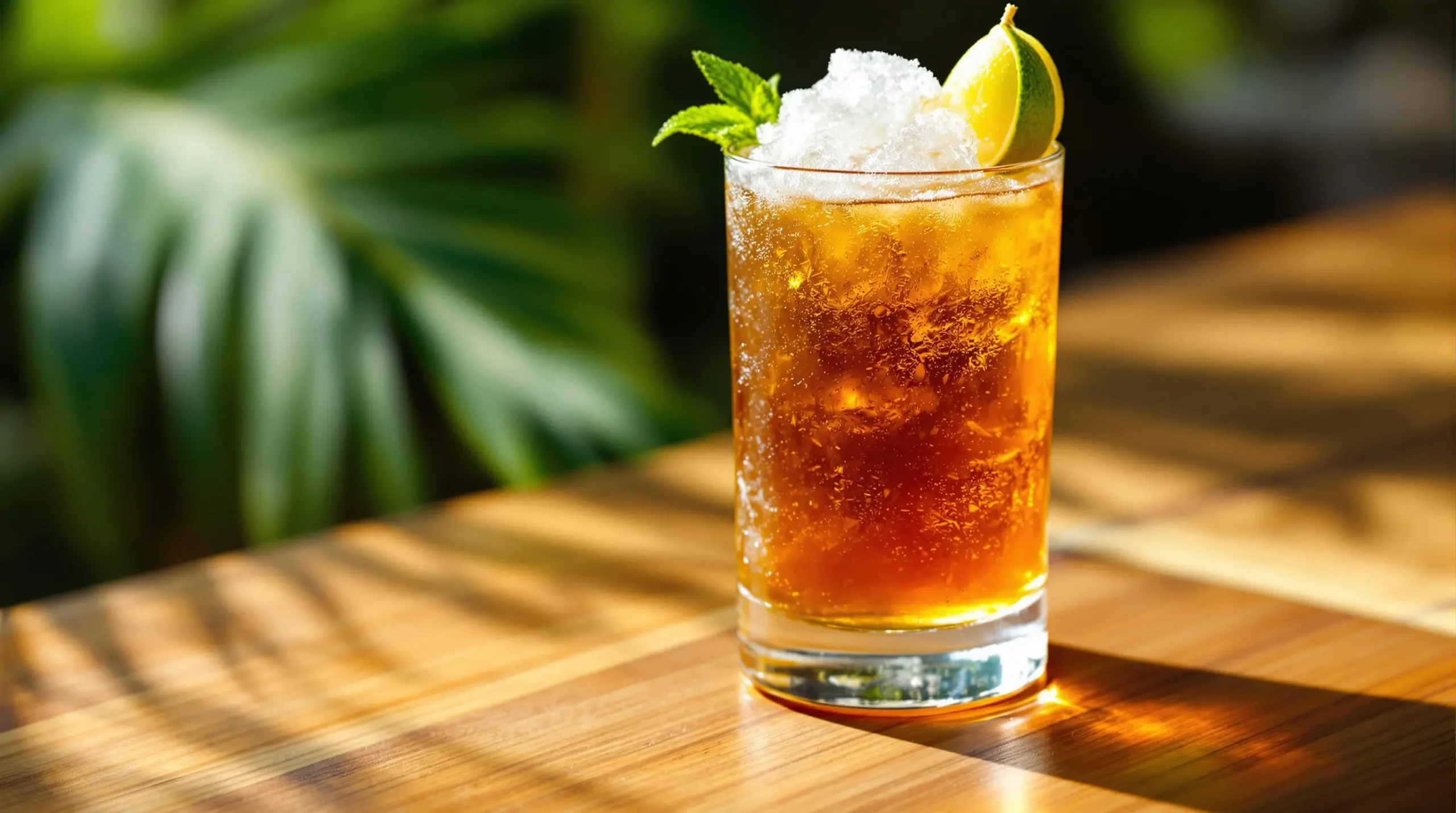 Classic Mai Tai cocktail in double old-fashioned glass with crushed ice, mint sprig and lime garnish on teak bar, amber-golden rum blend