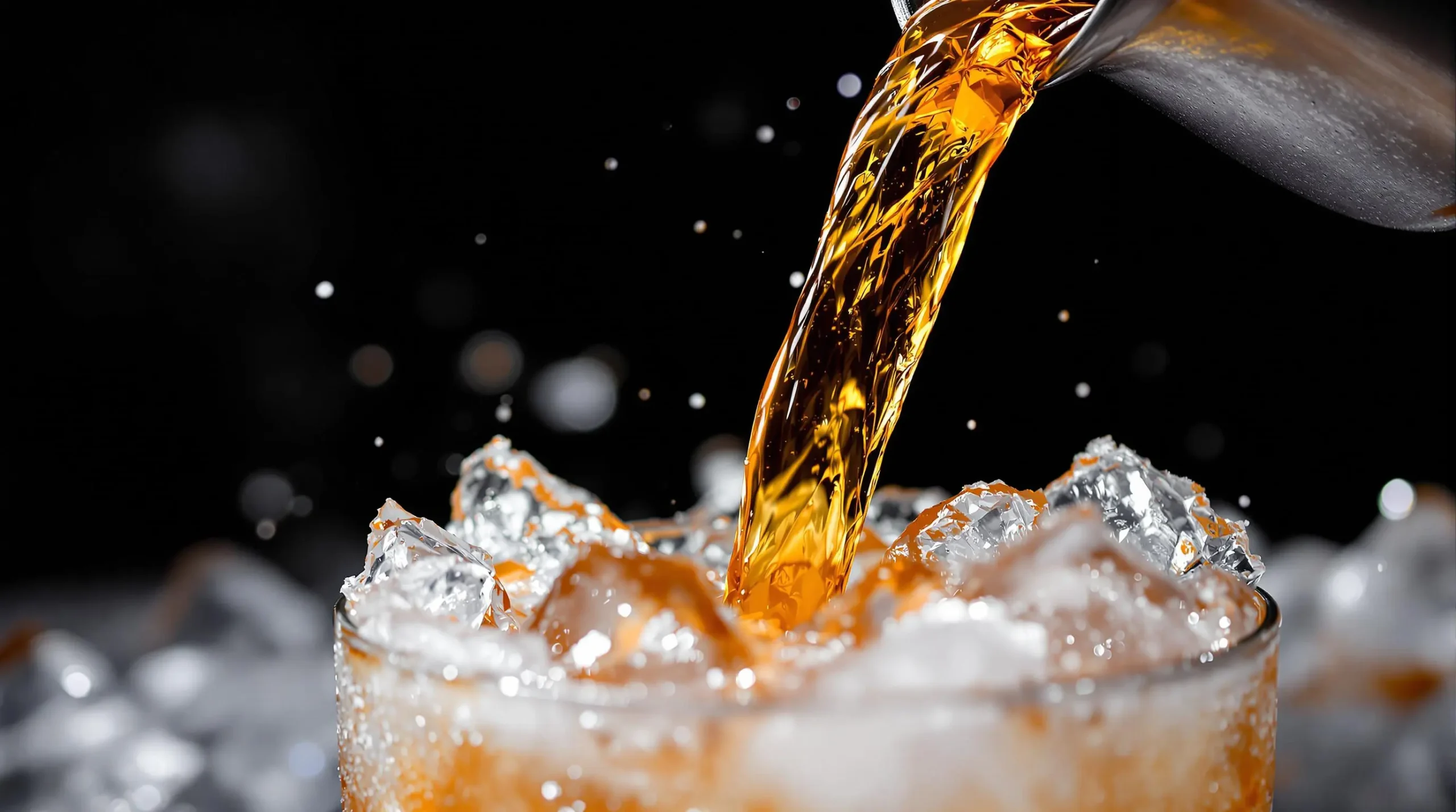 Amber Mai Tai cocktail streaming from frosted silver shaker into crushed ice-filled glass, crystal-clear pour against dark background