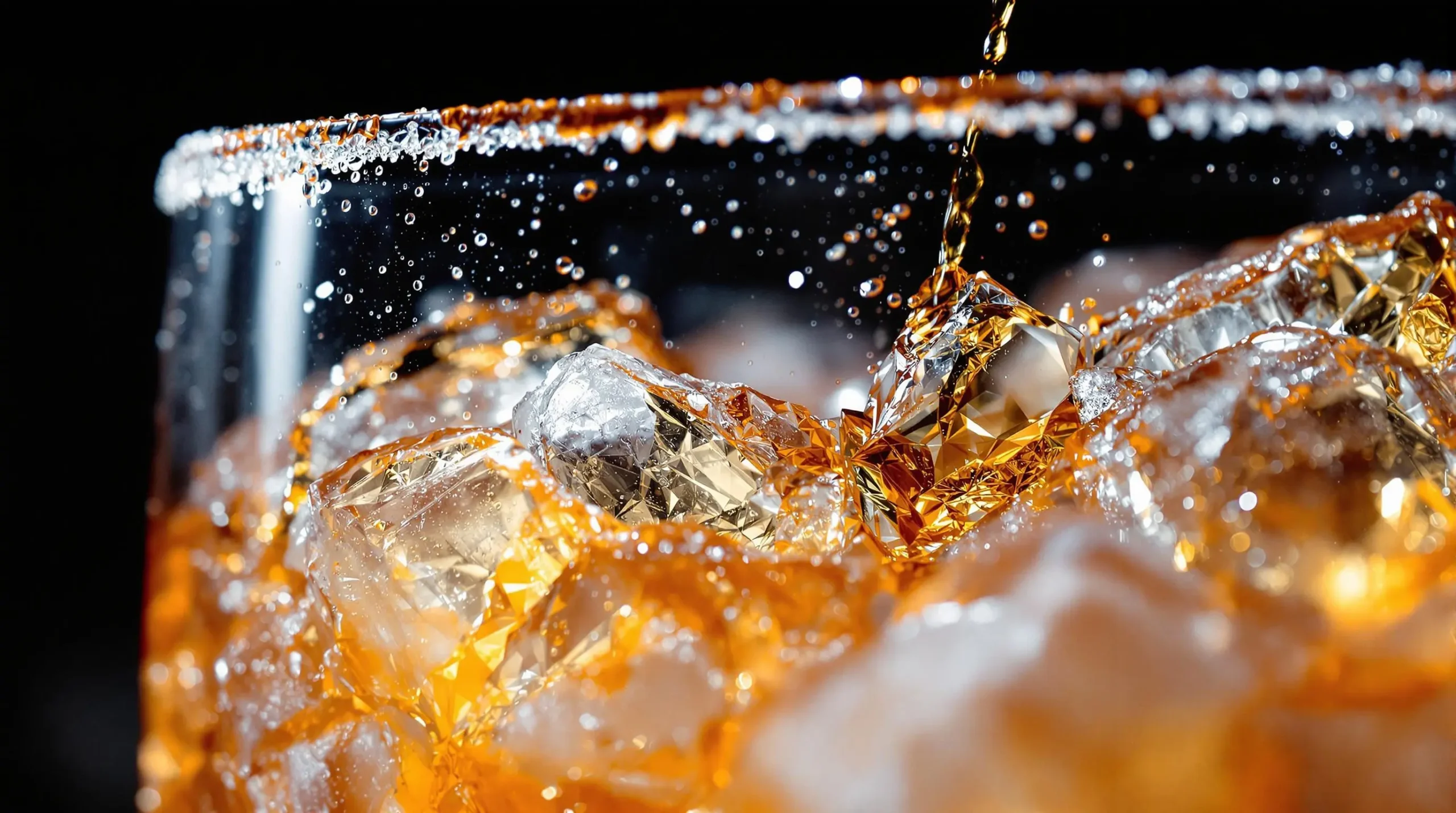 Macro shot of crushed ice crystals in Mai Tai with amber rum seeping between fragments, backlit to showcase drink's texture and color