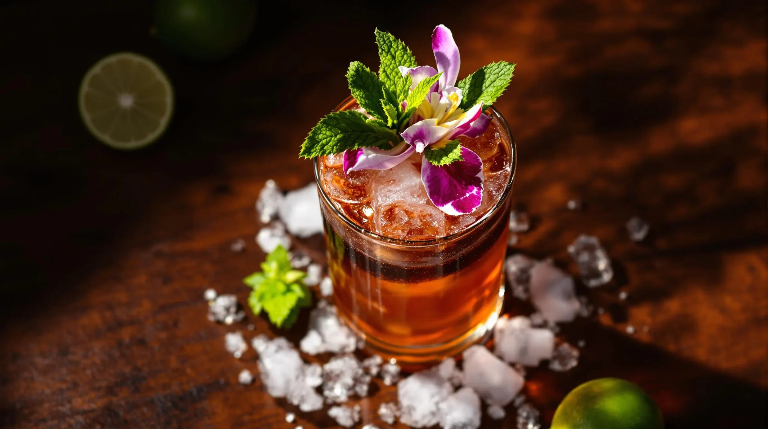 Overhead view of layered Mai Tai with dark rum float, mint sprig and lime garnish on dark wood, professional cocktail presentation