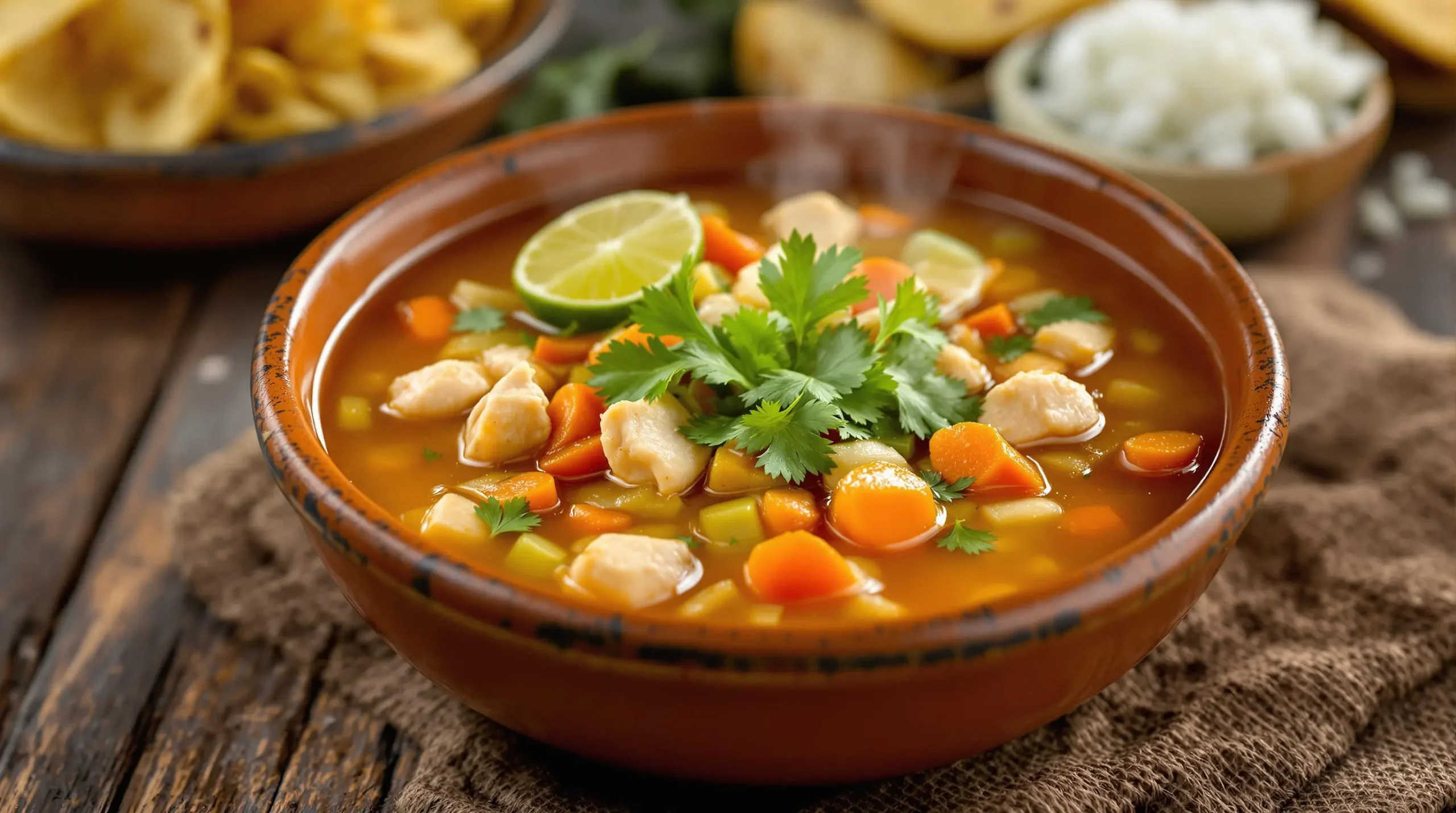 Steaming Mexican sopa de pollo in clay bowl with golden broth, tender chicken, colorful vegetables, fresh cilantro and lime garnish