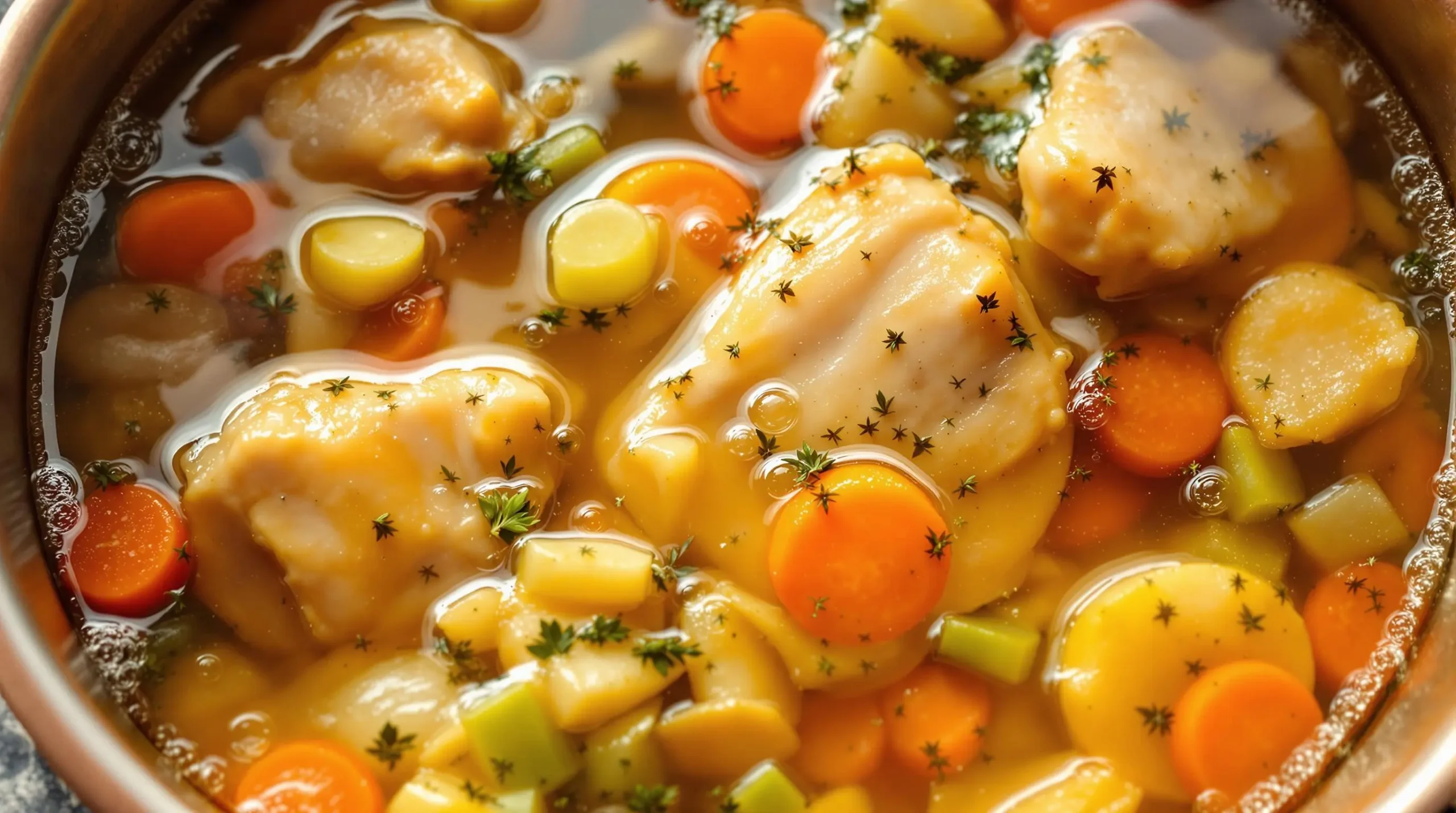 Chicken and vegetables simmering in golden broth with visible steam and bubbles, showcasing traditional sopa de pollo cooking process