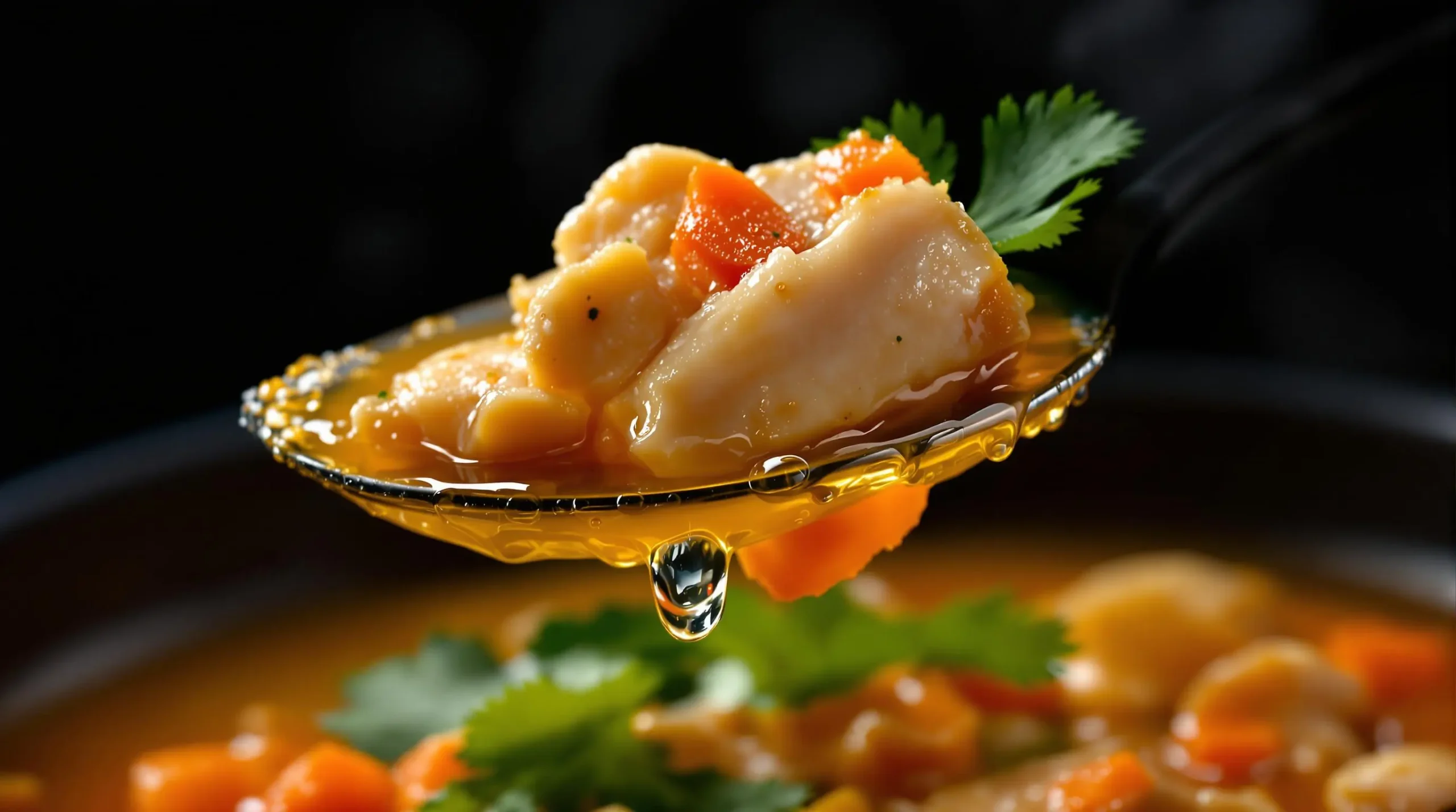 Close-up of sopa de pollo spoonful with clear broth dripping, tender chicken, diced carrots and fresh cilantro garnish