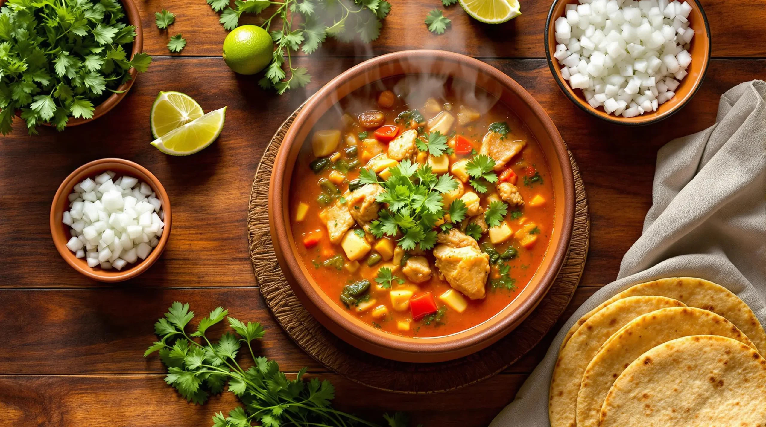 Overhead view of complete sopa de pollo serving with garnishes including lime, onions, cilantro and warm tortillas on wooden table