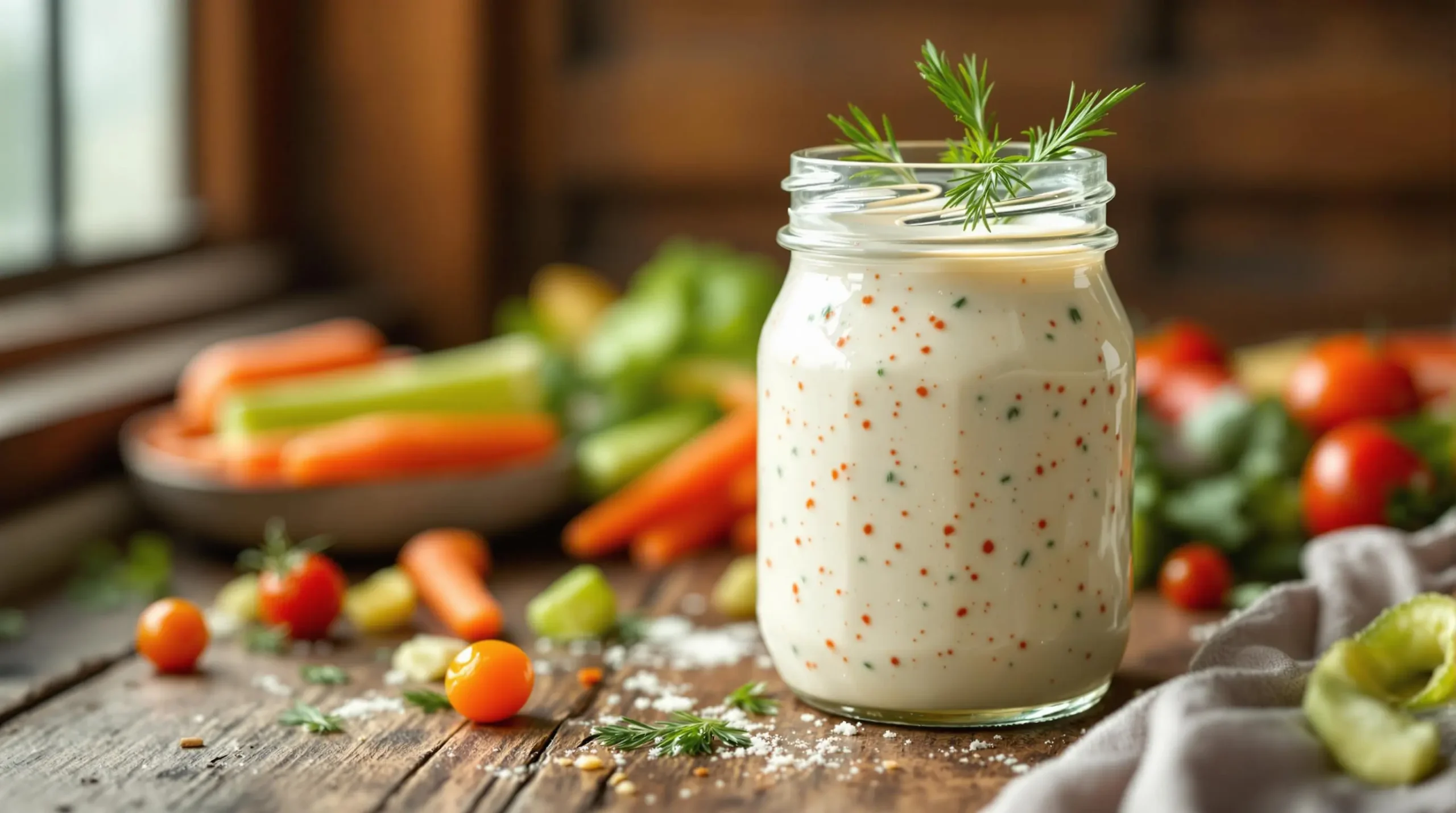 Homemade spicy ranch dressing in crystal jar garnished with fresh herbs, surrounded by colorful fresh vegetables on rustic wooden table