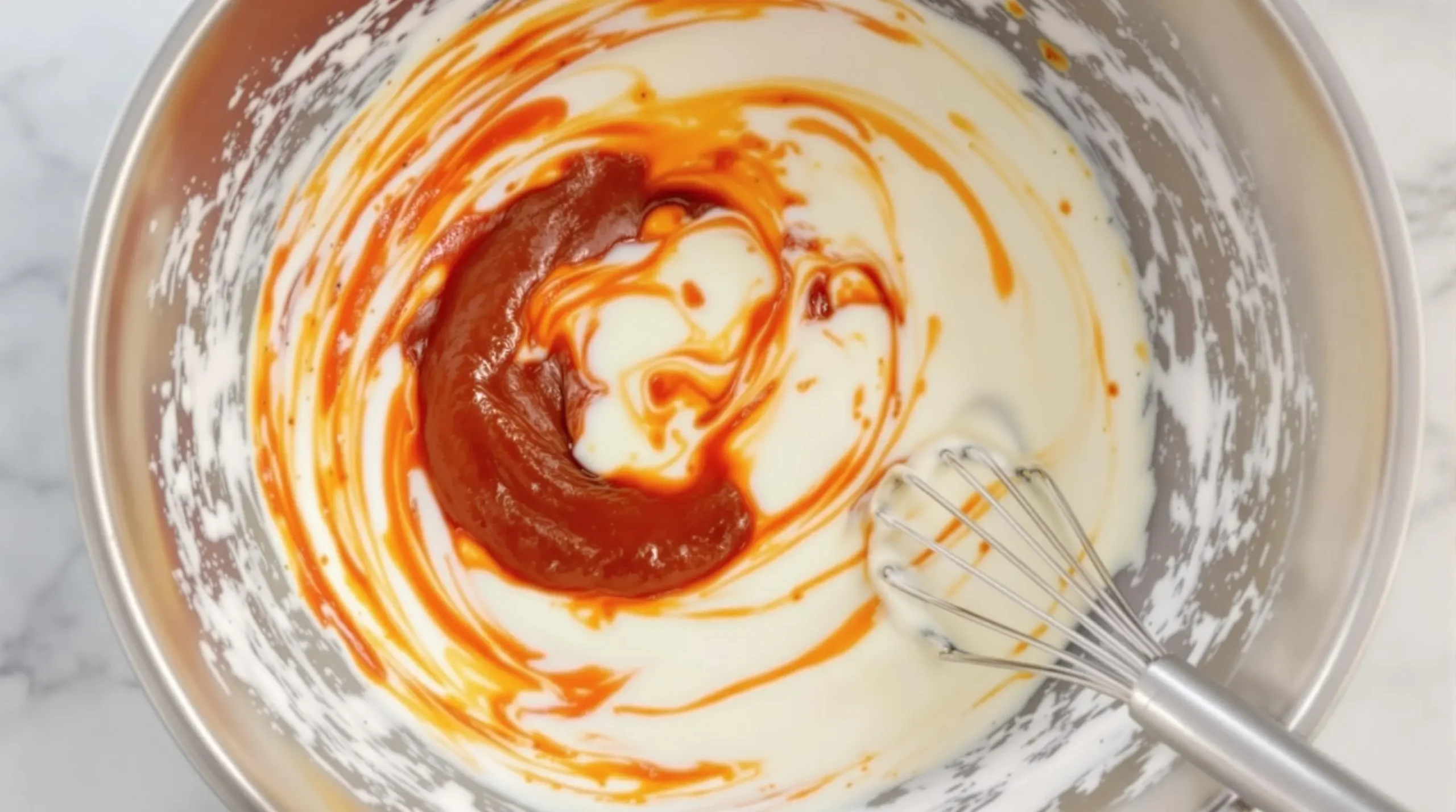 Mixing hot sauce into creamy ranch base with whisk, showing dramatic red and white swirls with fresh herbs visible in stainless steel bowl