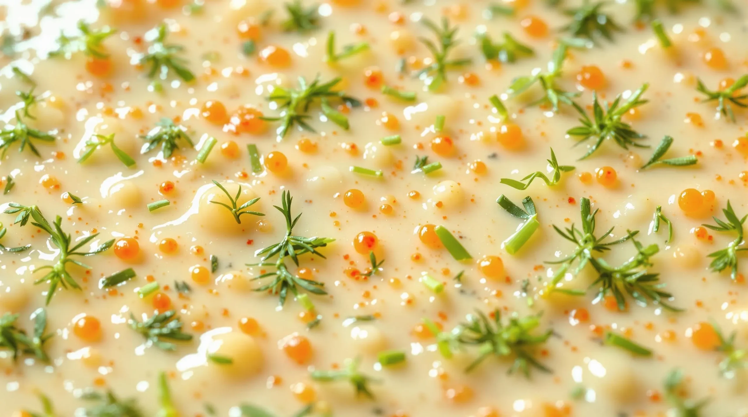 Macro texture shot of spicy ranch dressing showing suspended red spice specks, herb fragments and fresh water droplets in creamy base