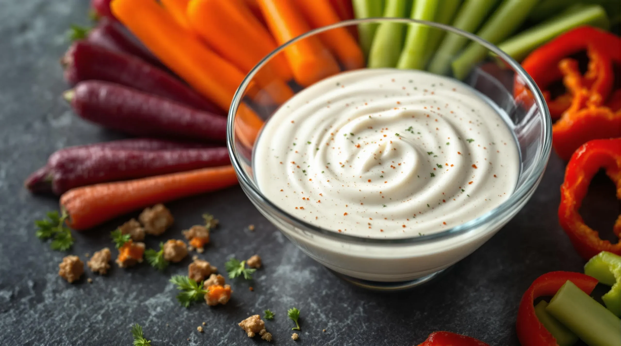 Elegant glass bowl of spicy ranch dressing with visible herb specks surrounded by colorful arranged crudités on dark stone surface