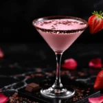 Elegant pink Tequila Rose cocktail in chocolate-rimmed martini glass with strawberry garnish, set against dark background with rose petals