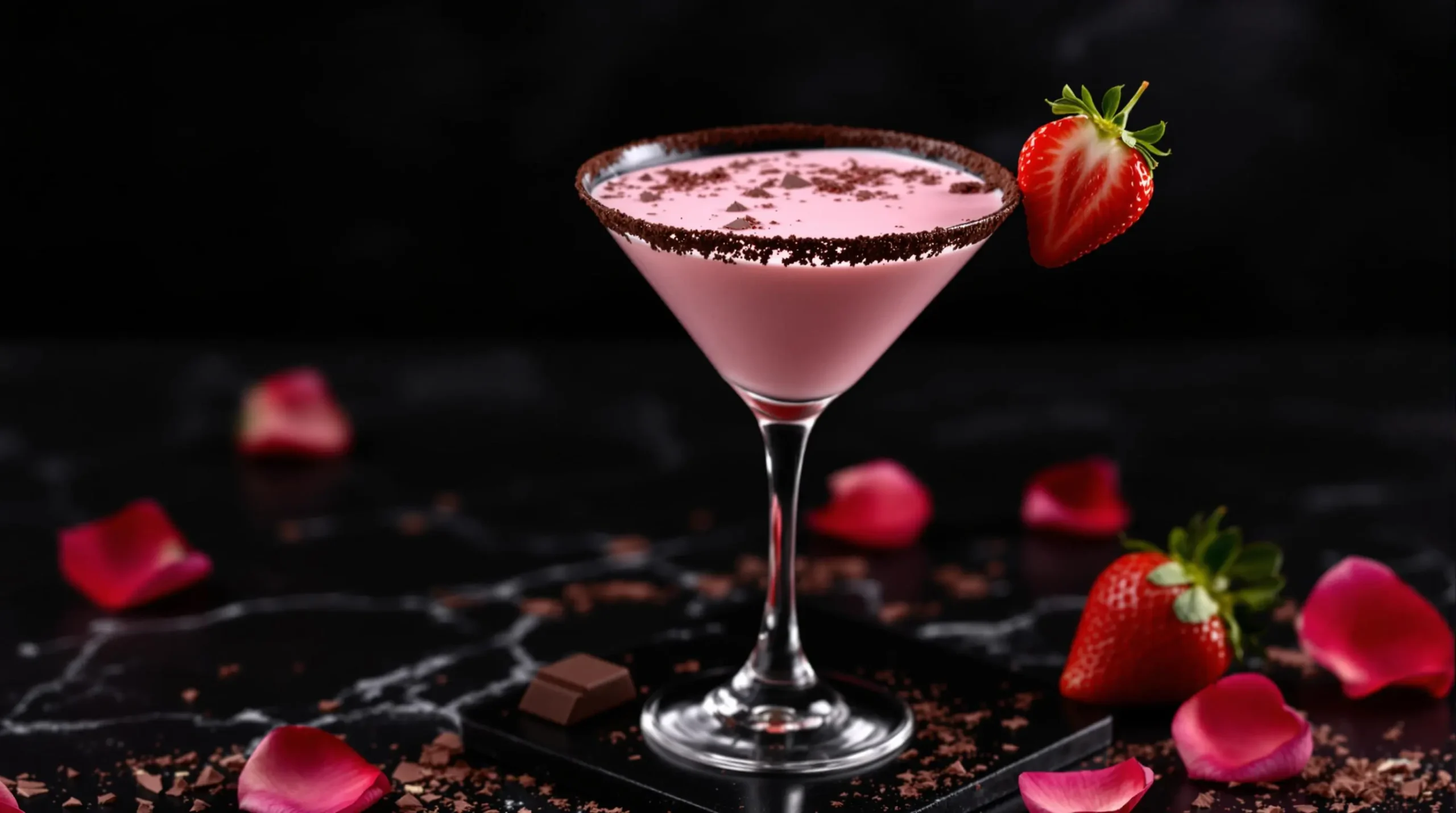 Elegant pink Tequila Rose cocktail in chocolate-rimmed martini glass with strawberry garnish, set against dark background with rose petals