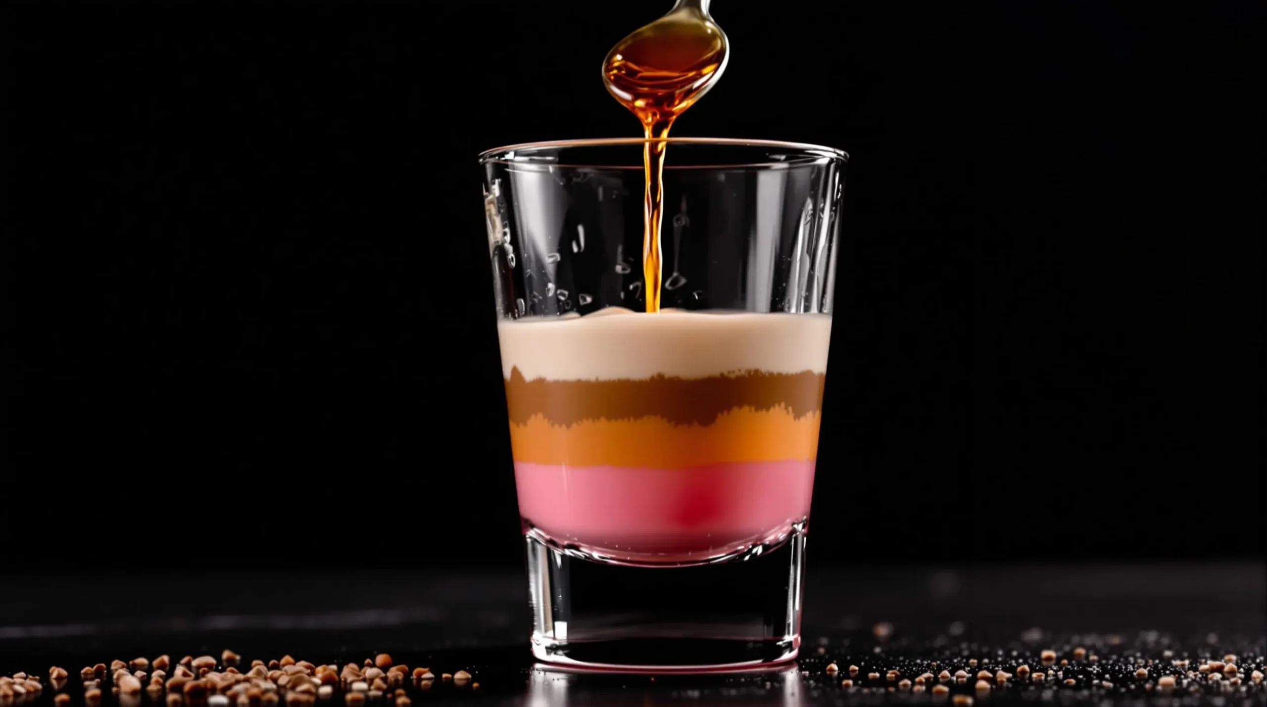 Layered Tequila Rose cocktail being poured over bar spoon, showing distinct pink, cream and coffee-colored layers forming in glass