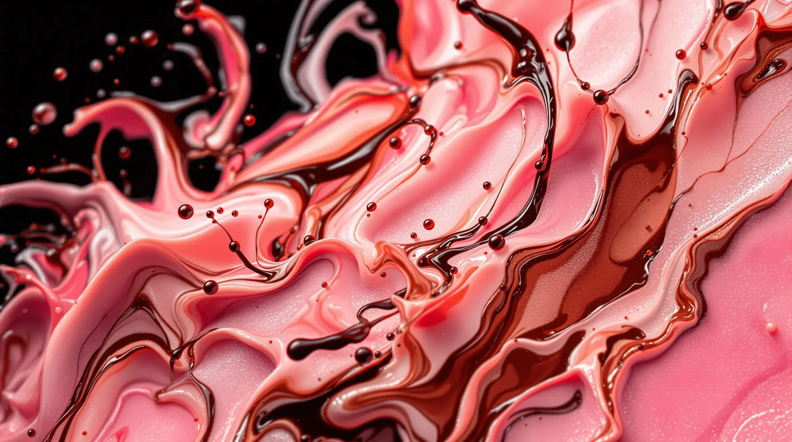 Macro close-up of creamy pink Tequila Rose and chocolate syrup swirls showing silky texture and marbling patterns