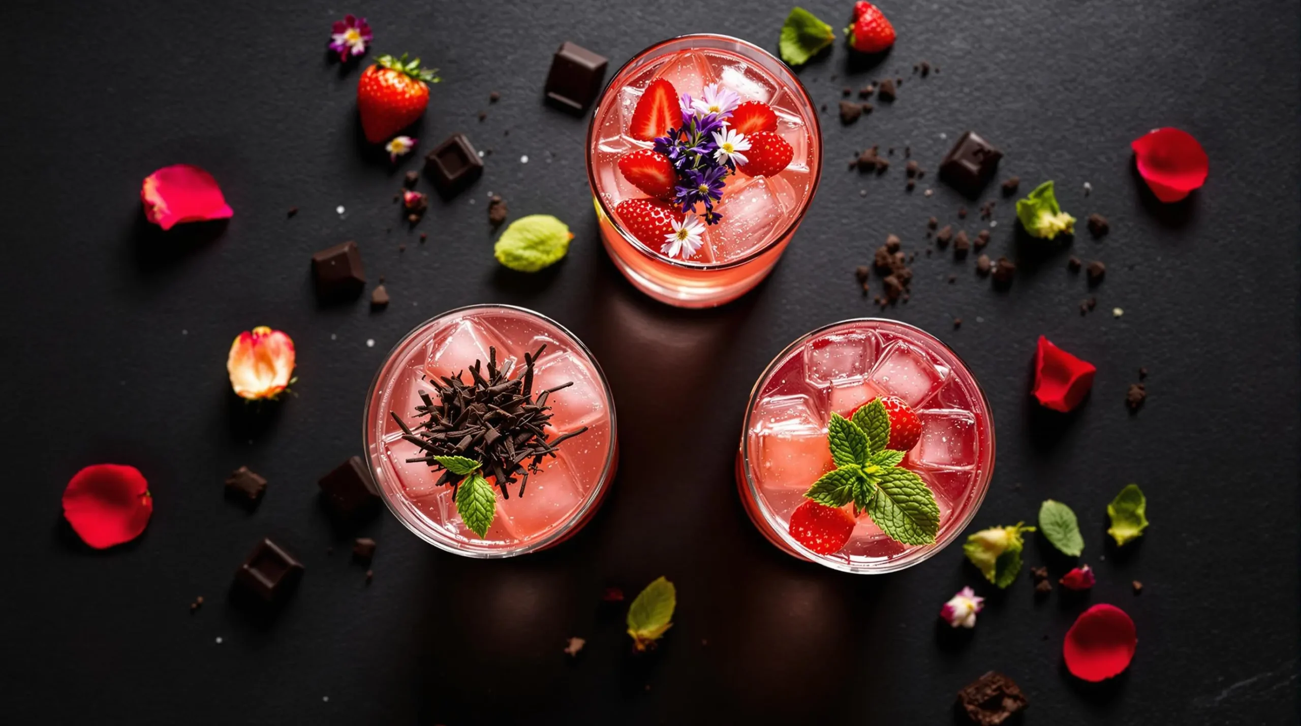 Four uniquely garnished Tequila Rose cocktails arranged in diamond pattern with rose petals and chocolate accents on black surface