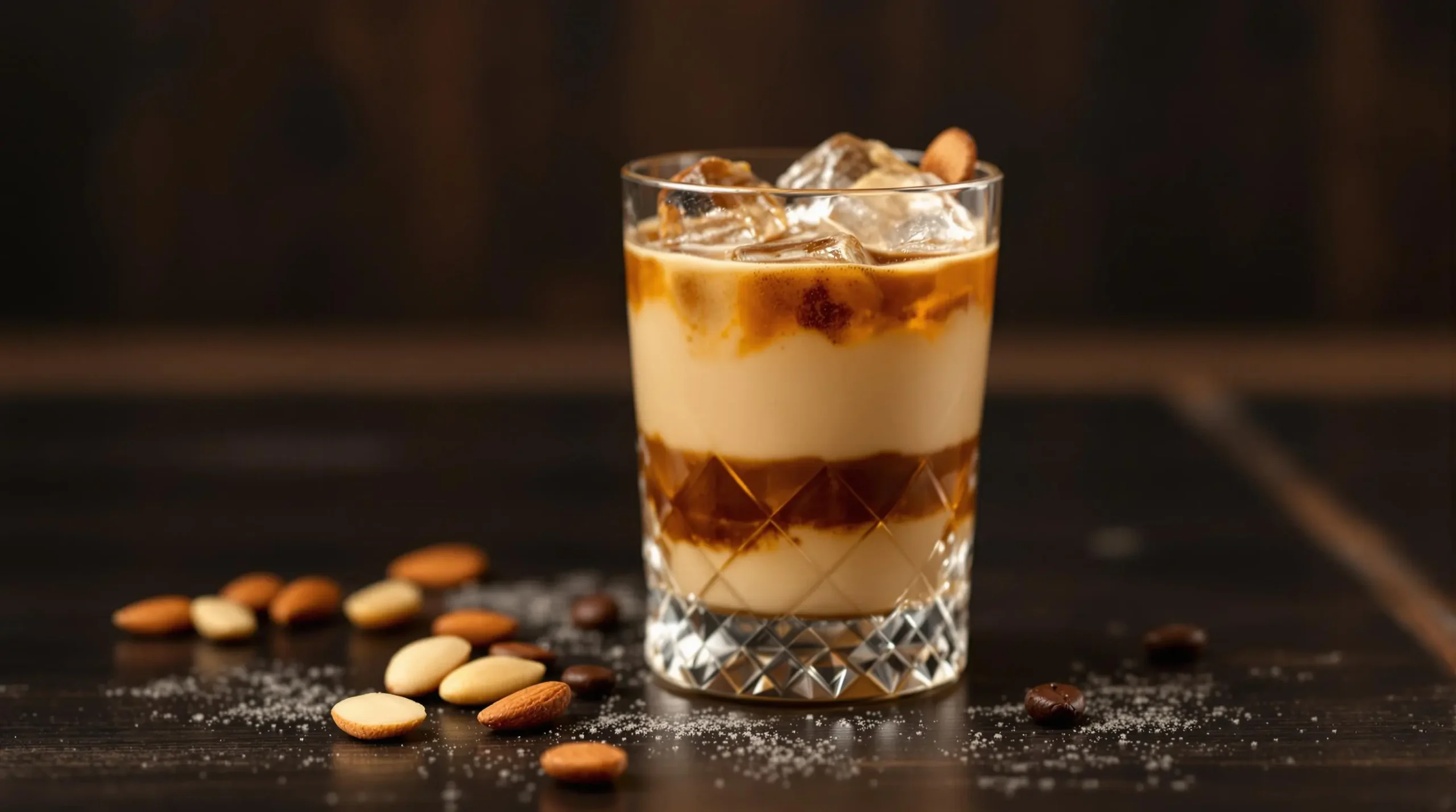 Layered toasted almond cocktail in crystal rocks glass with floating almond slivers and coffee beans on dark wood surface