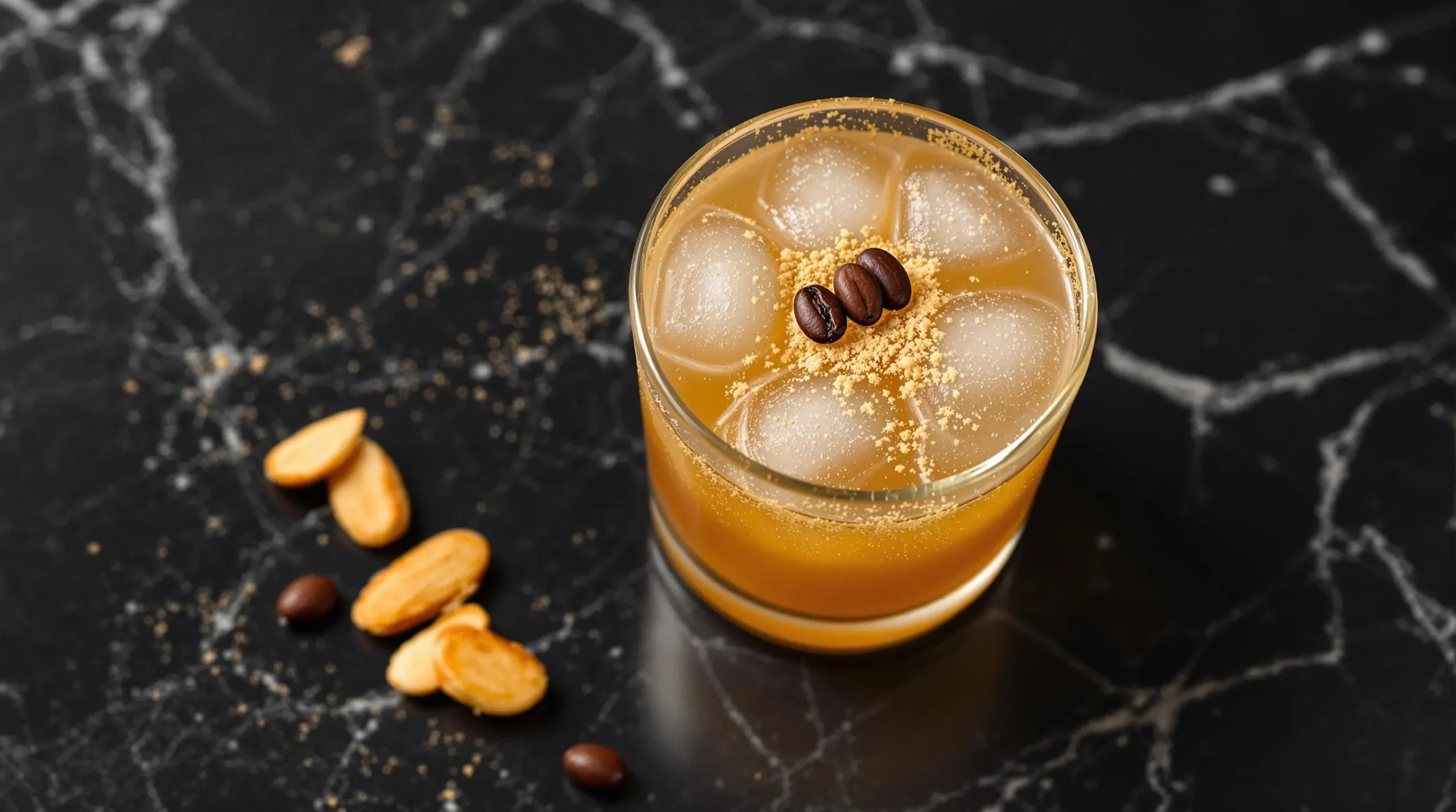 Frosted rocks glass filled with toasted almond cocktail garnished with coffee beans and nutmeg on black stone surface