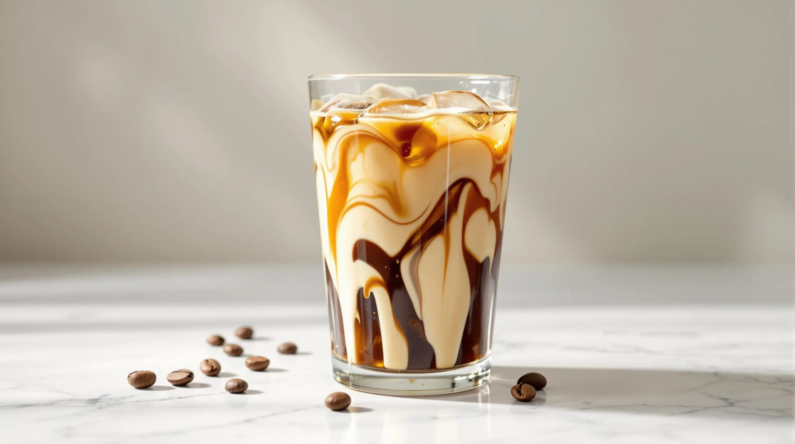 Glass of cold brew coffee with vanilla sweet cream creating ethereal swirls against dark coffee on white marble surface with scattered coffee beans