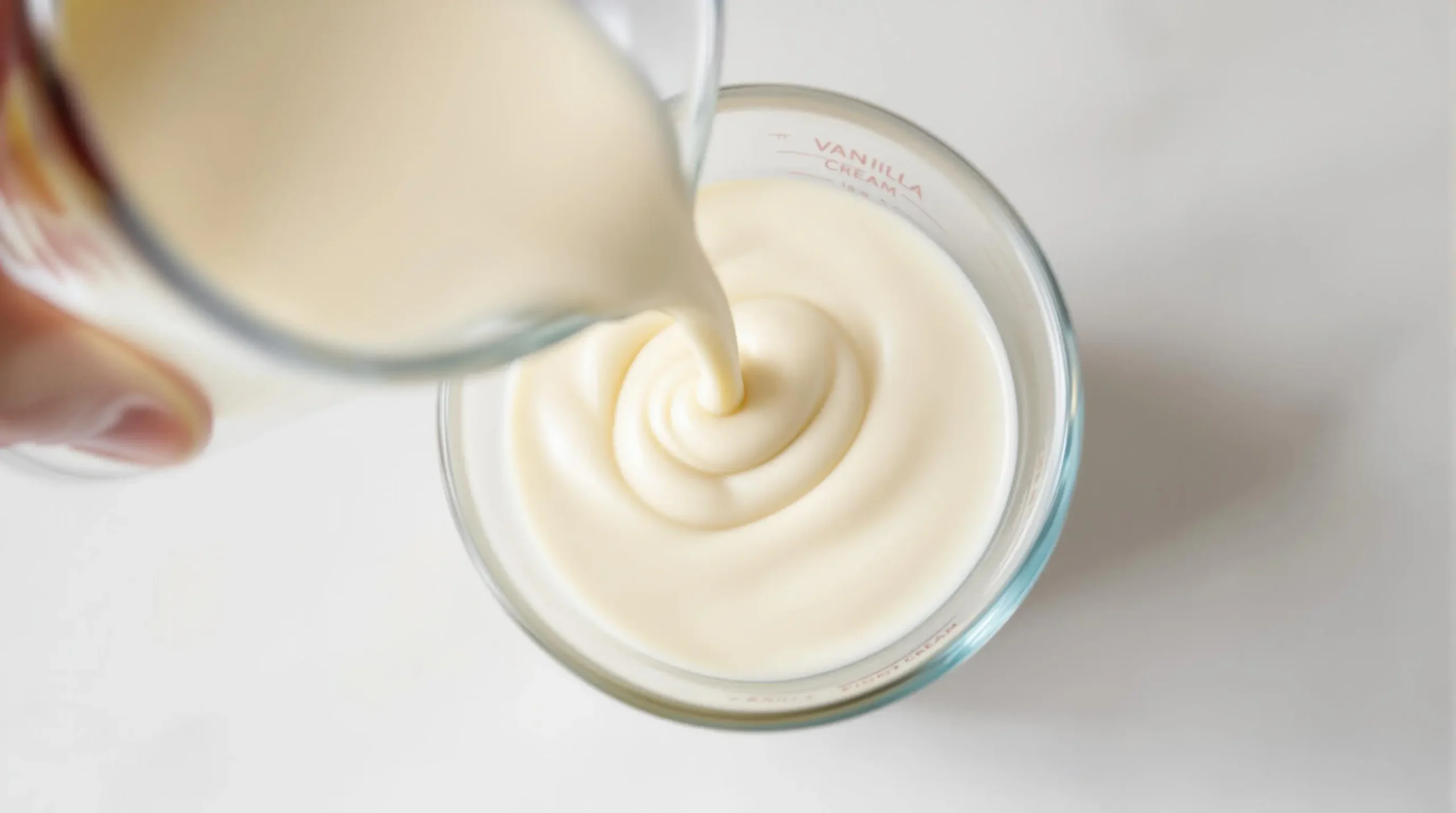 Vanilla sweet cream being poured from a glass pitcher into measuring cup, showcasing silky texture and smooth pouring motion