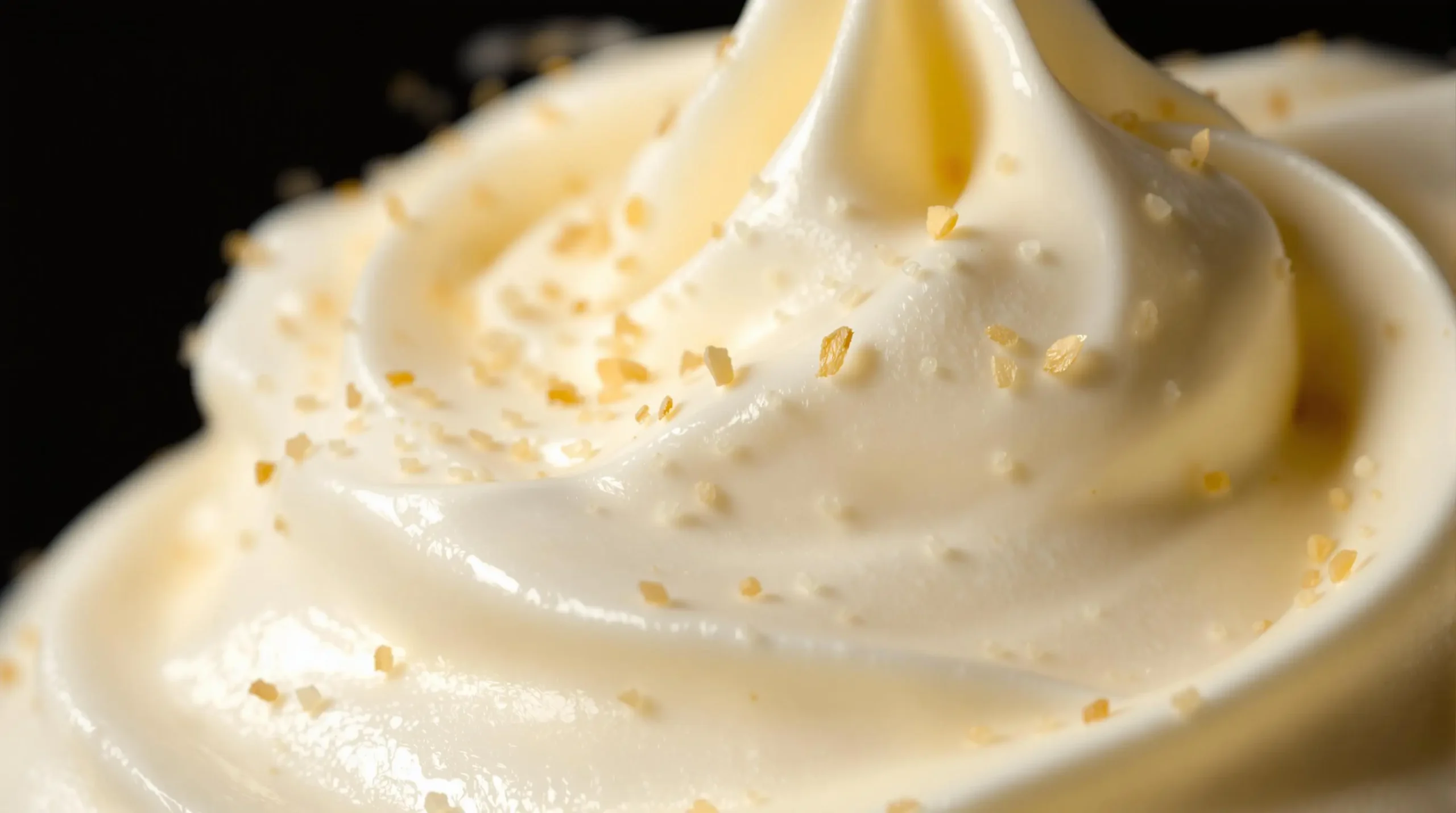 Macro close-up of vanilla sweet cream texture showing tiny vanilla bean specks and silky smooth consistency against dark background