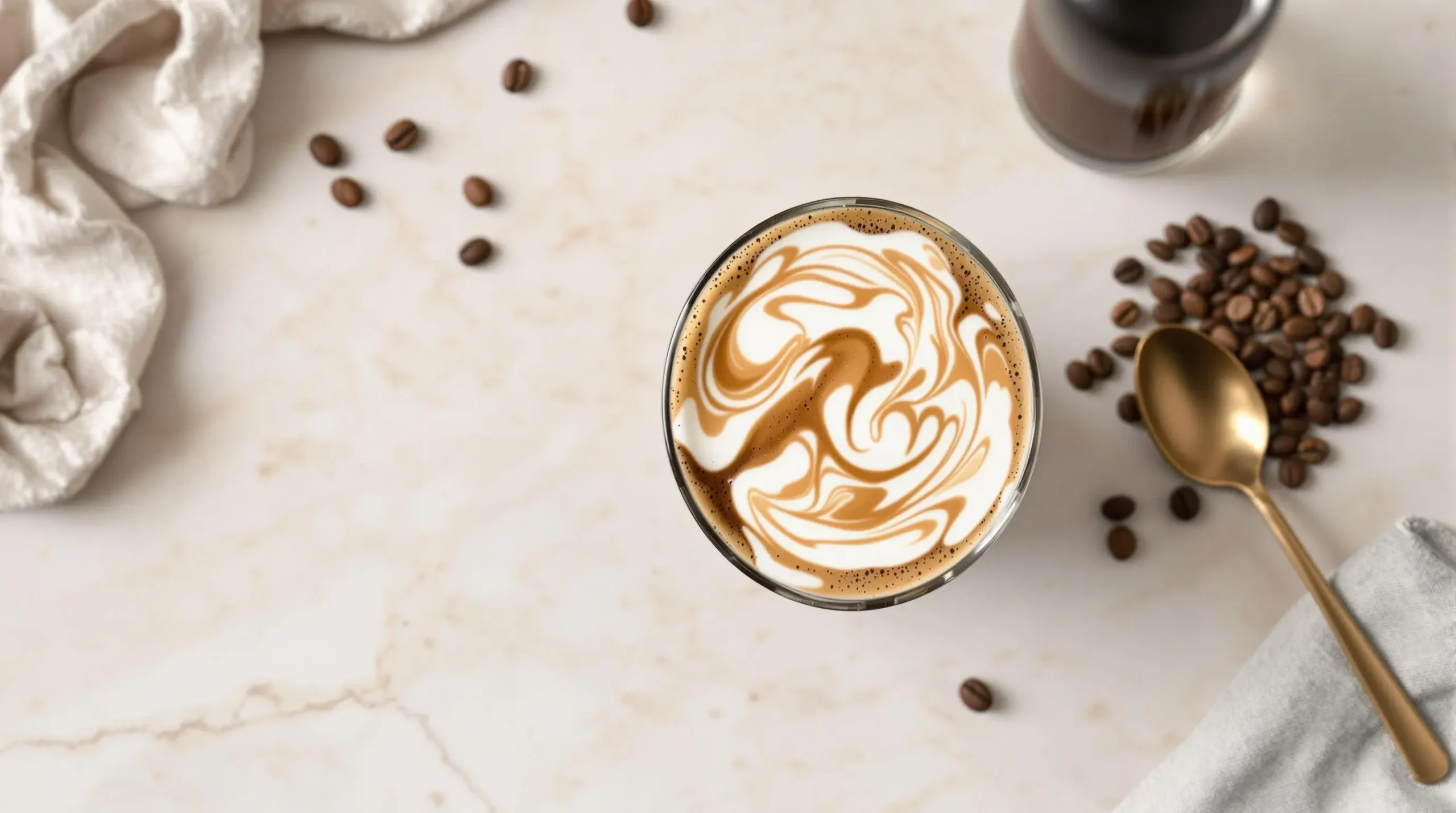 Overhead view of layered cold brew coffee with swirling vanilla sweet cream on marble surface with minimal coffee bean garnish