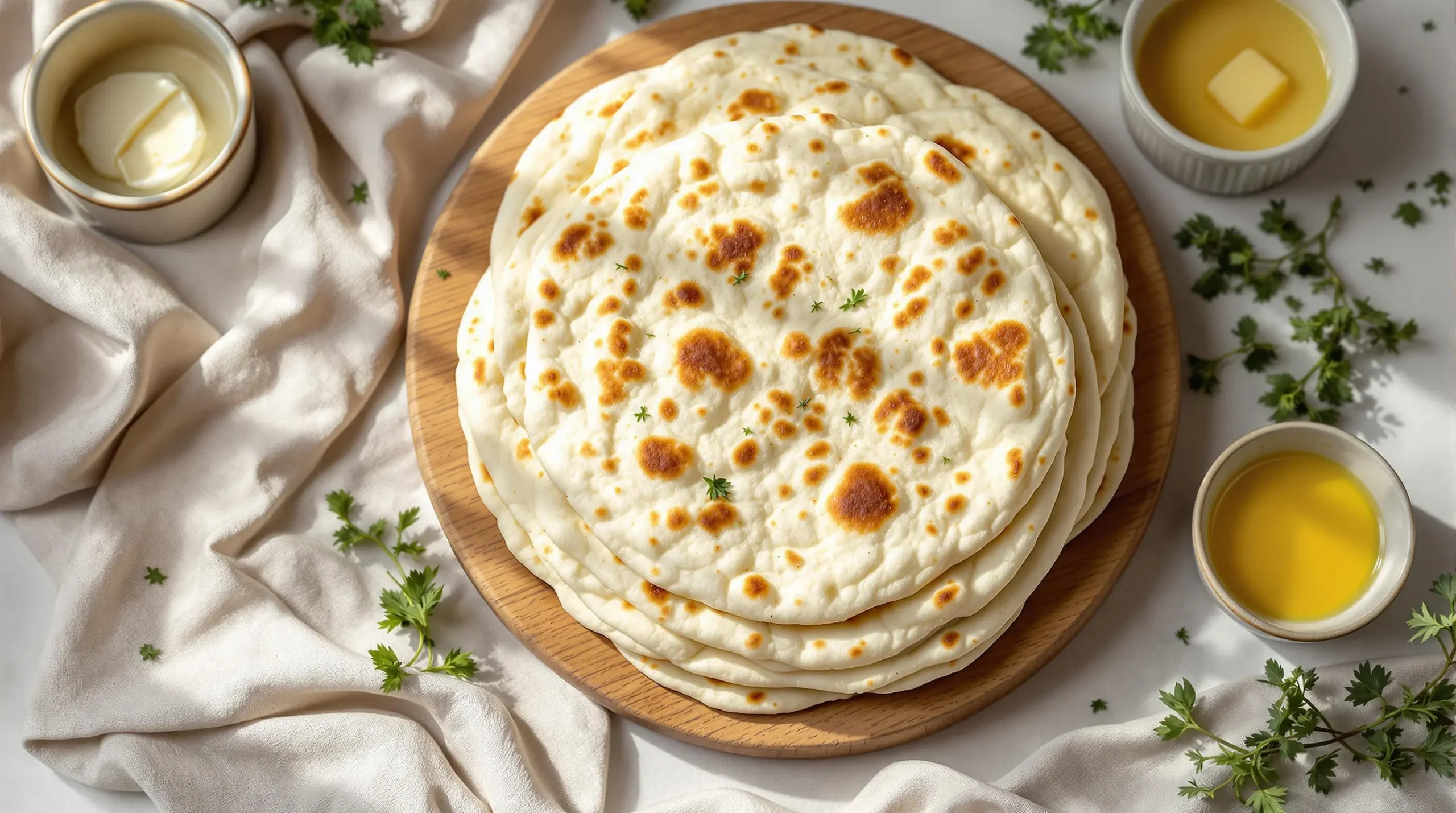 Freshly made yogurt flatbreads stacked on wooden board with golden-brown spots, fresh herbs, and melted butter, showcasing soft pillowy texture