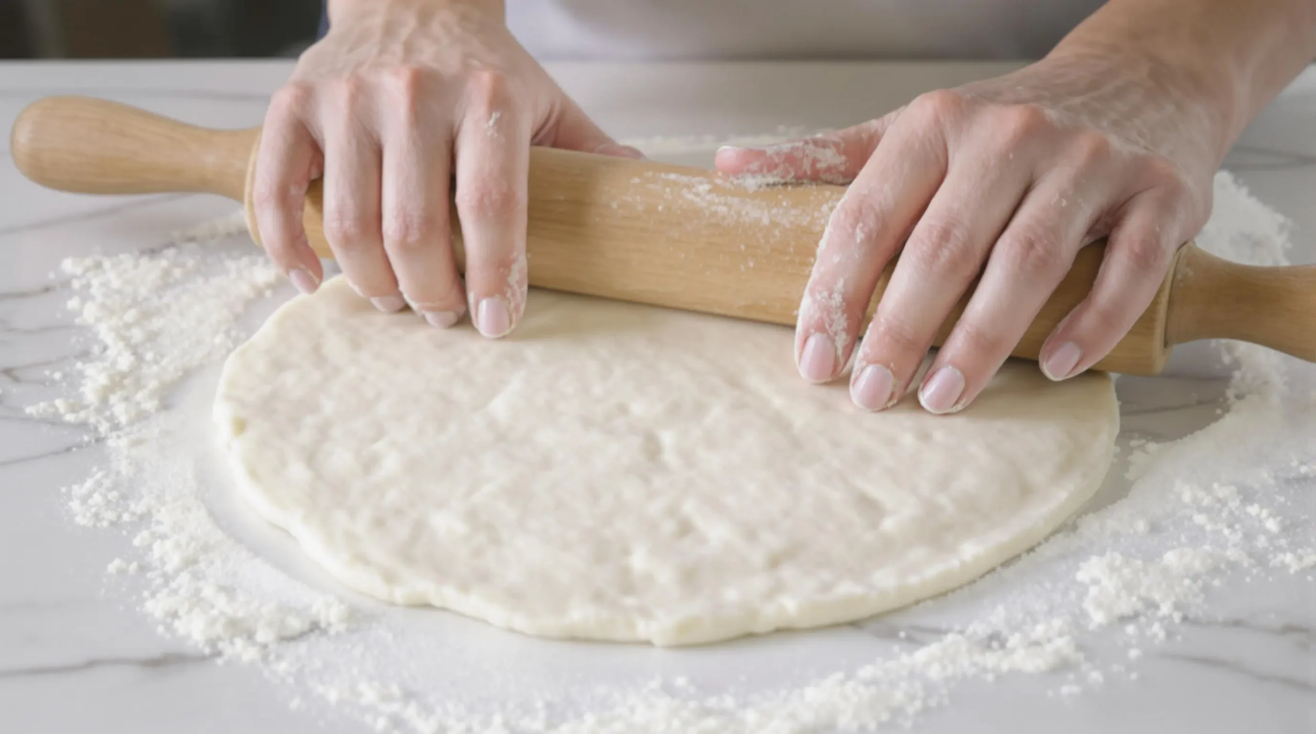 Hands rolling elastic yogurt flatbread dough on floured marble surface with wooden rolling pin, demonstrating proper technique