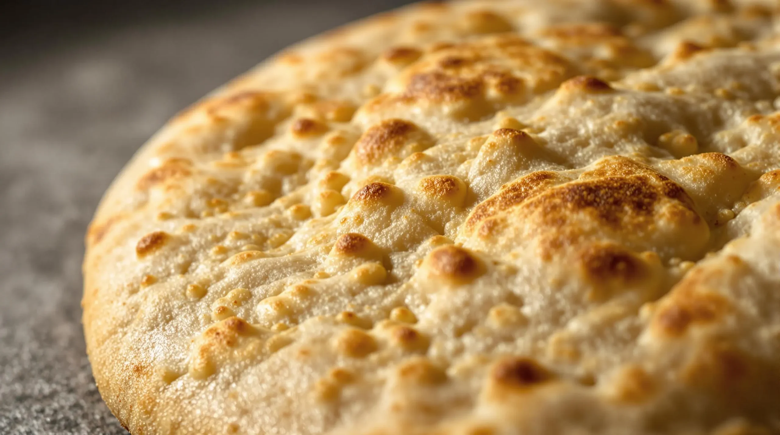 Extreme close-up of yogurt flatbread surface showing golden-brown spots, bubbling texture and delicate air pockets in fresh crust