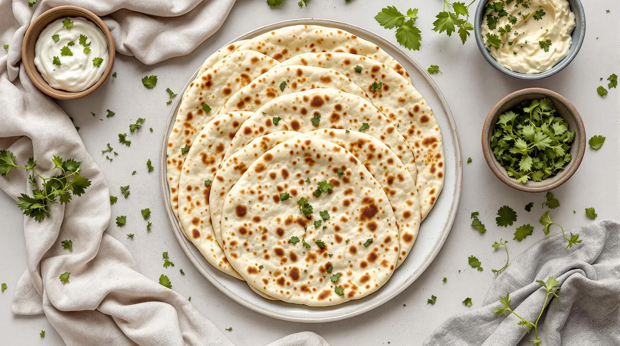 Artfully arranged yogurt flatbreads on ceramic platter with dips and fresh herbs, demonstrating bread's flexibility and homemade appeal